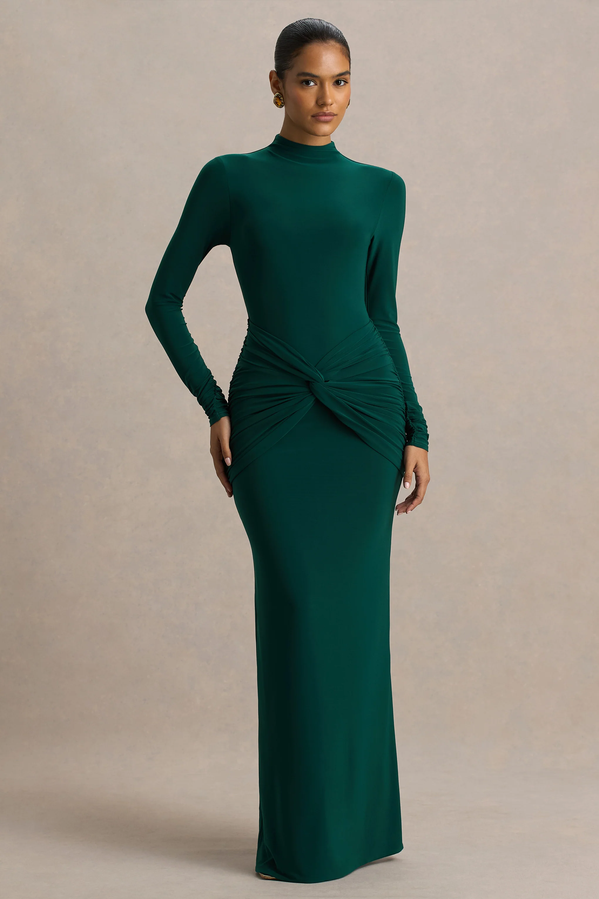 Alula | Bottle Green High-Neck Maxi Dress With Twist Detail - Image 4