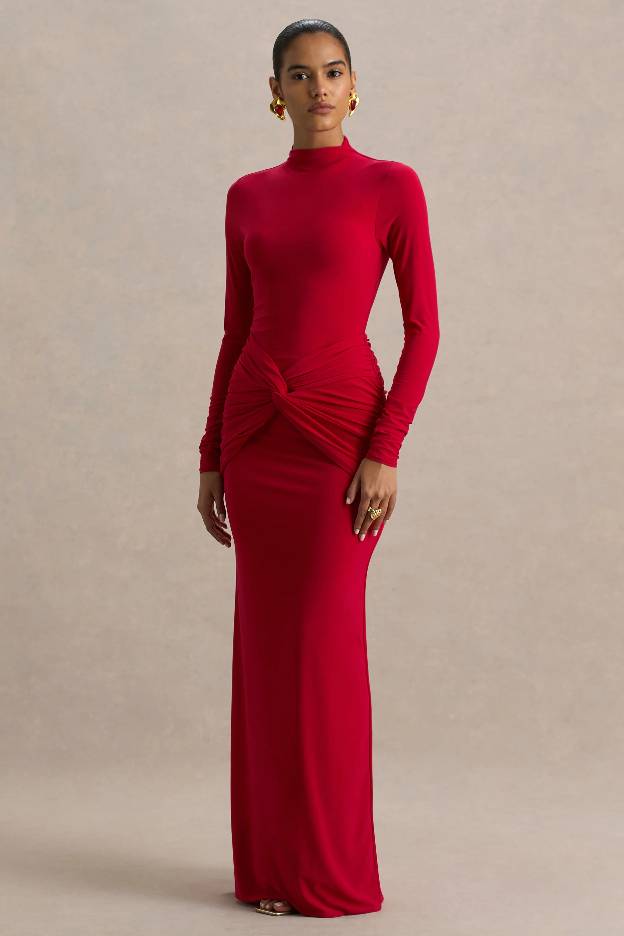 Alula | Red High-Neck Maxi Dress With Twist Detail - Image 4