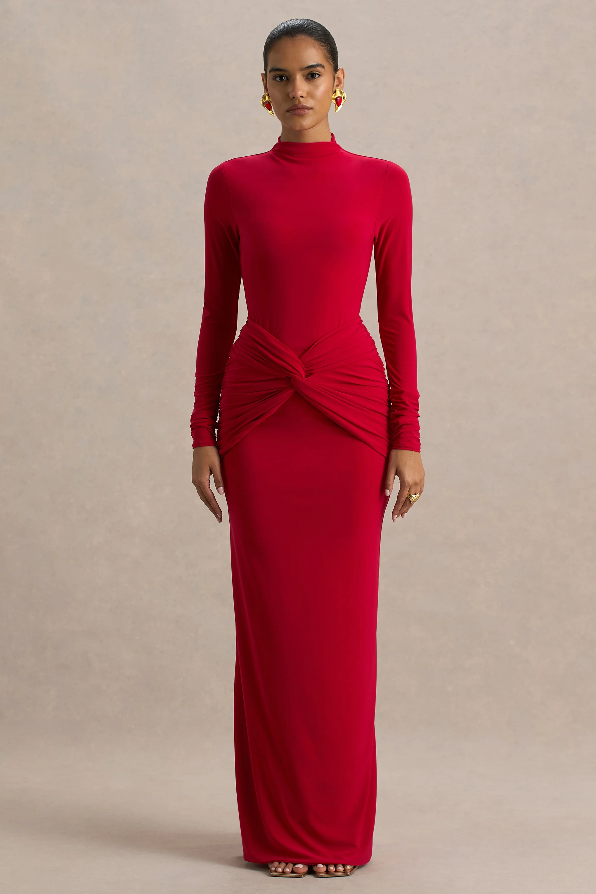 Alula | Red High-Neck Maxi Dress With Twist Detail - Image 5