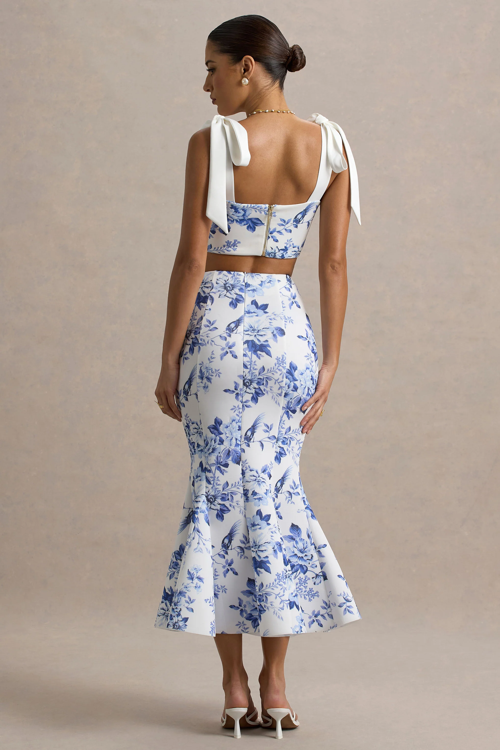 Amadea | Blue Porcelain Print Fishtail Midi Skirt - Image 2