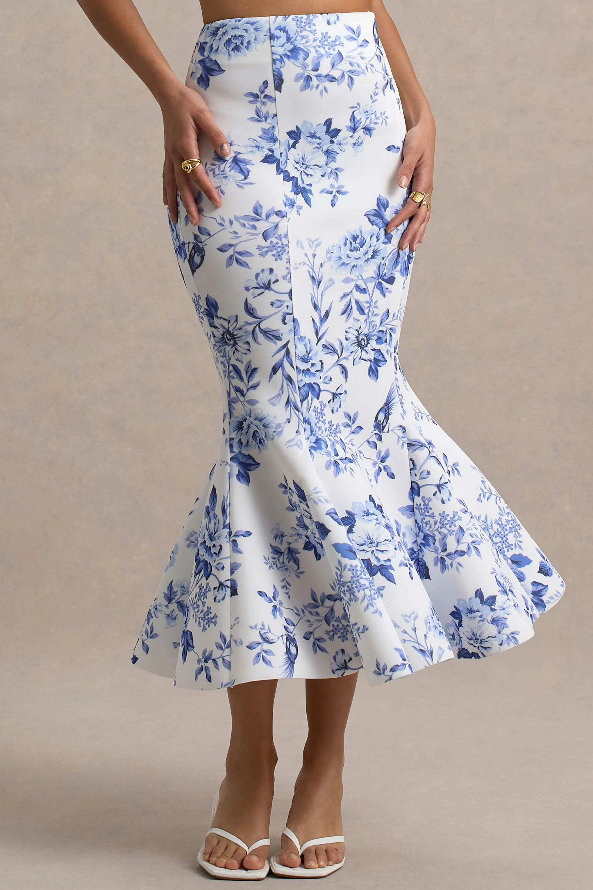 Amadea | Blue Porcelain Print Fishtail Midi Skirt - Image 3