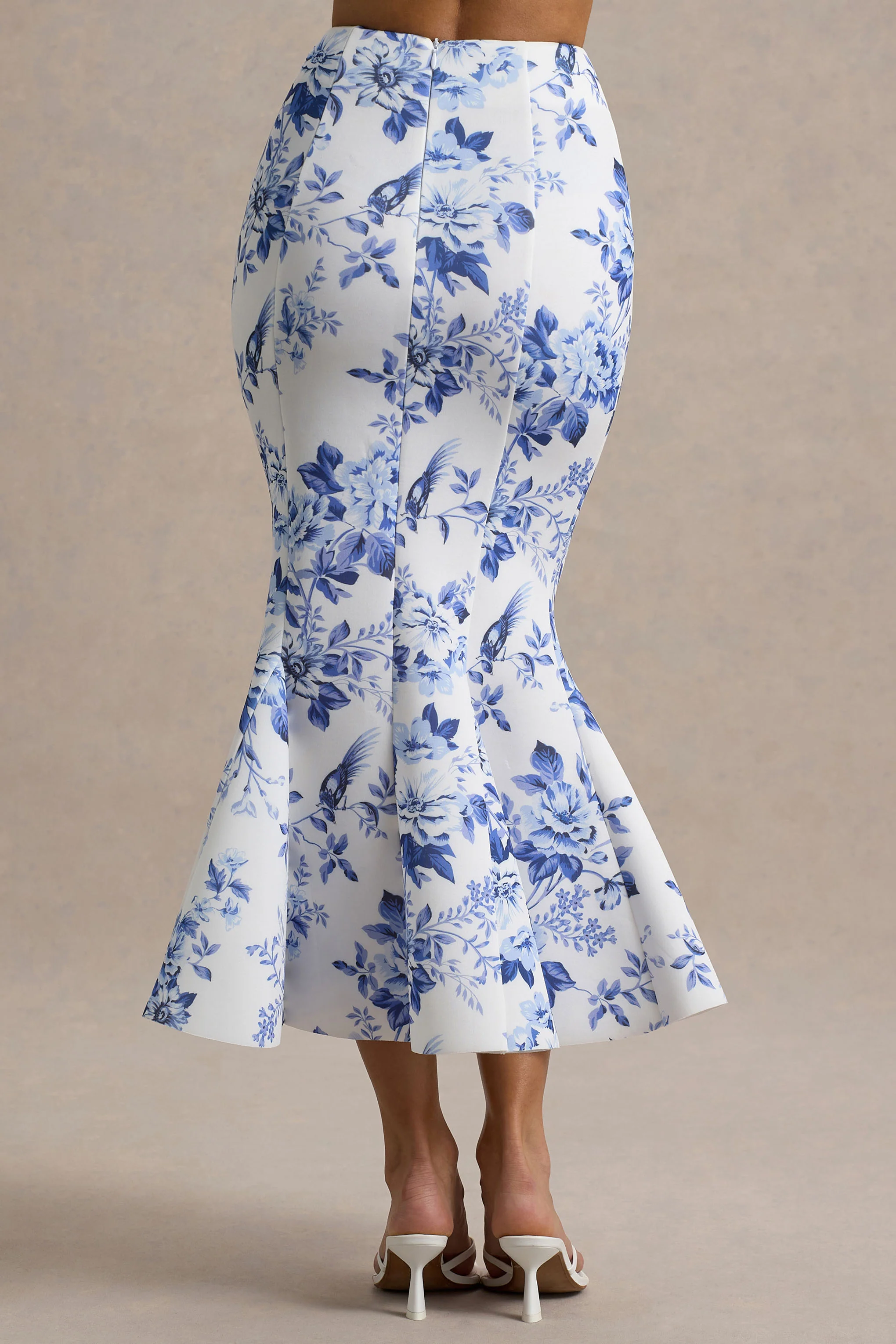 Amadea | Blue Porcelain Print Fishtail Midi Skirt - Image 4