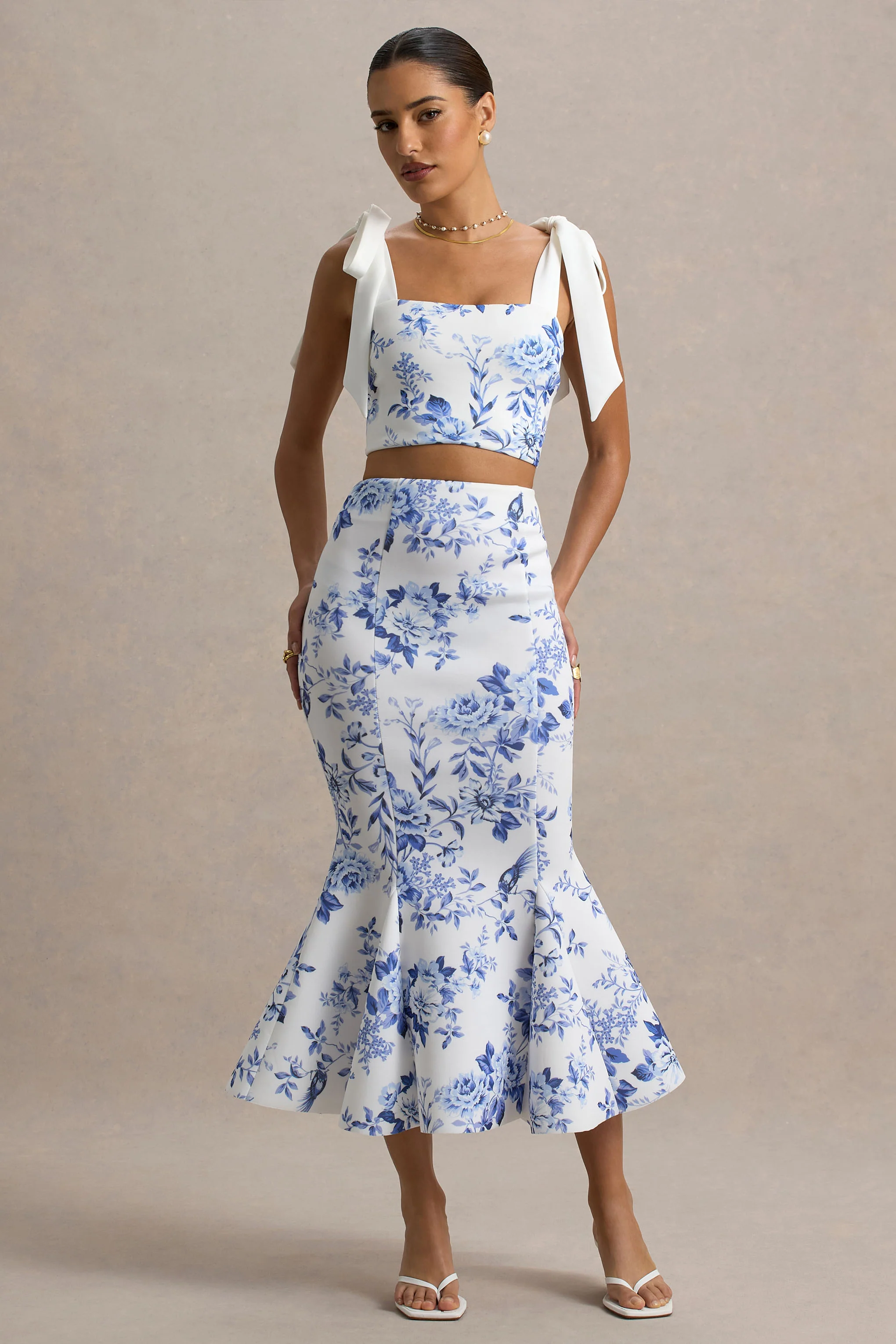 Amadea | Blue Porcelain Print Fishtail Midi Skirt - Image 5
