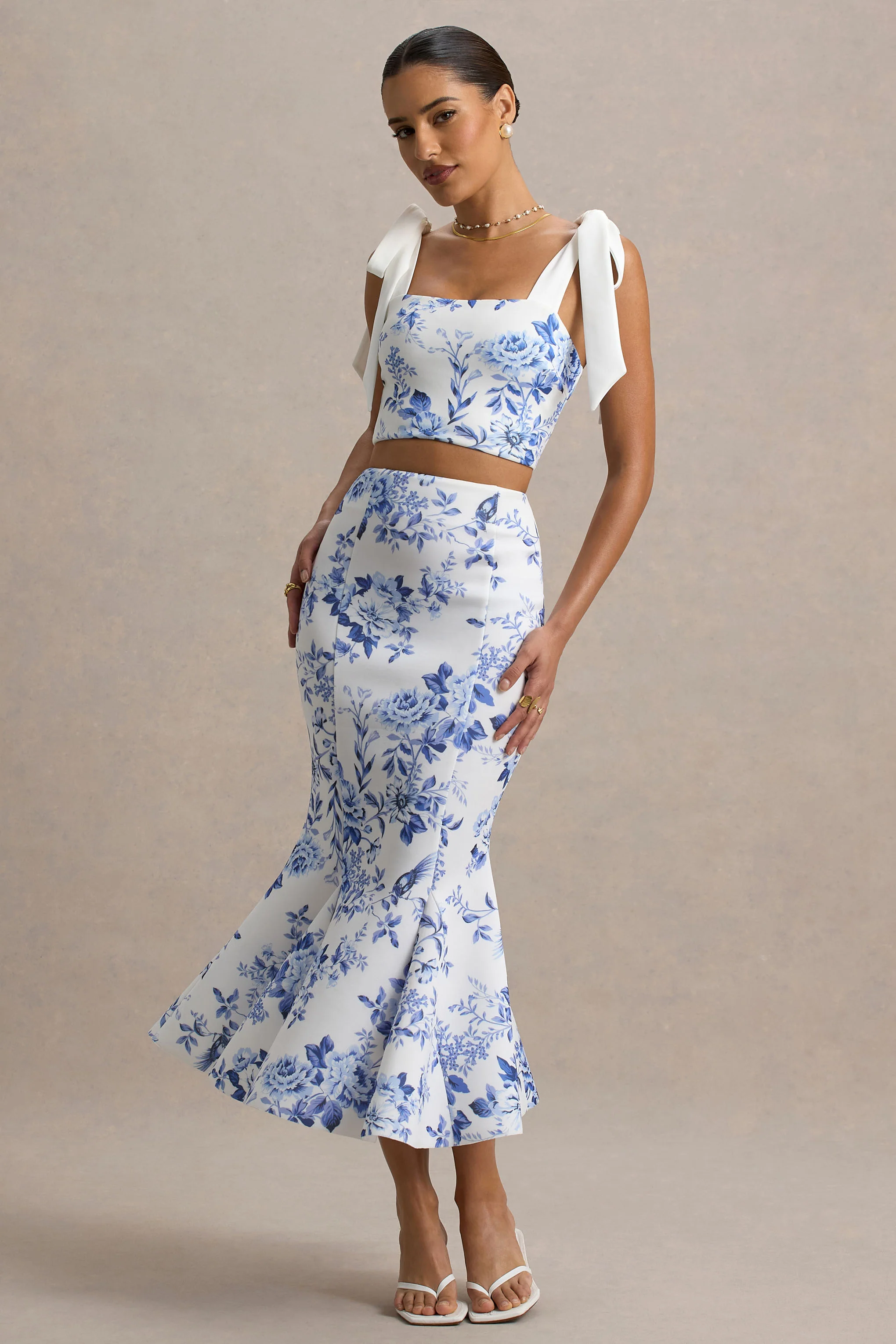 Amadea | Blue Porcelain Print Fishtail Midi Skirt - Image 6