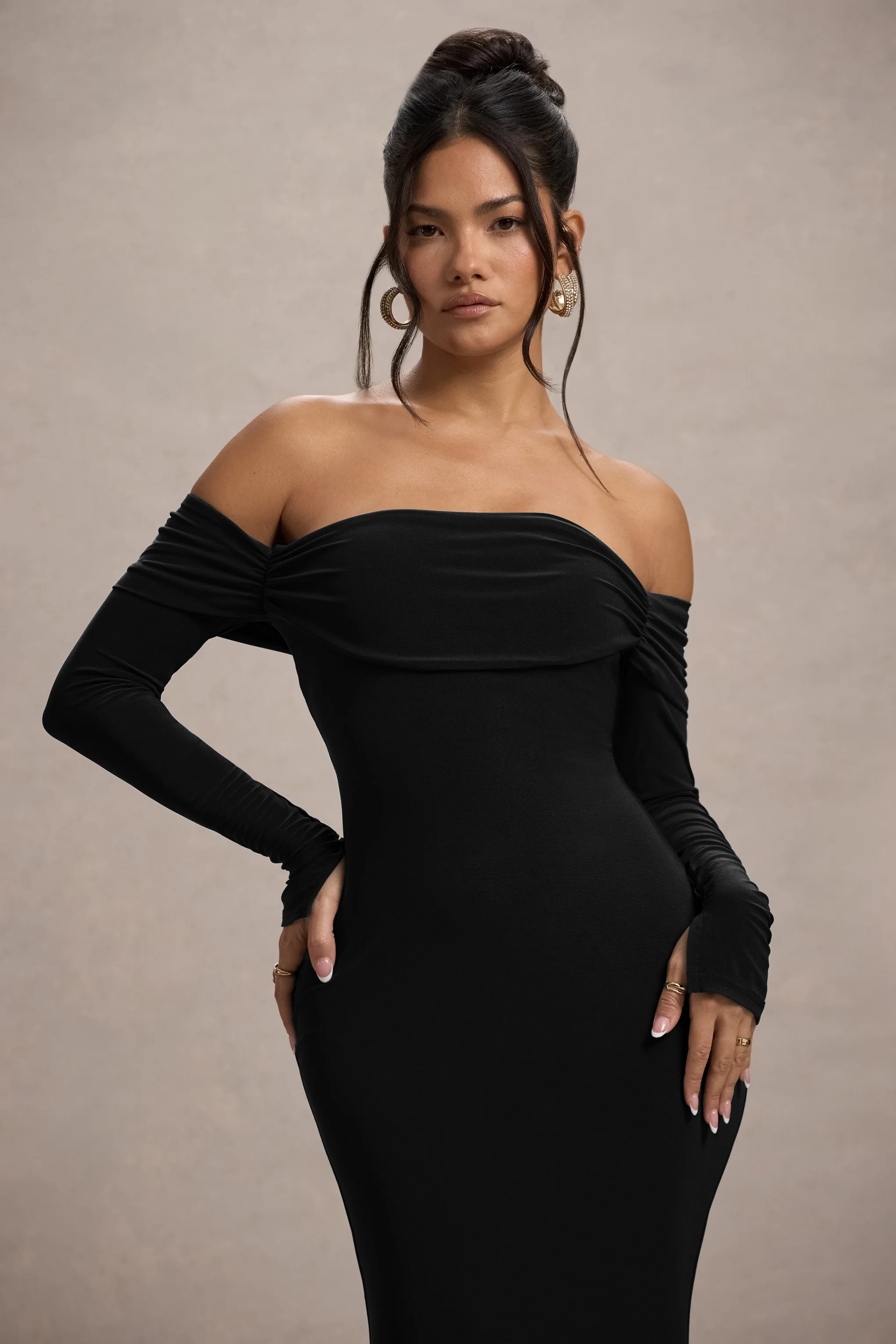 Amaia | Black Bardot Long-Sleeve Maxi Dress - Image 3