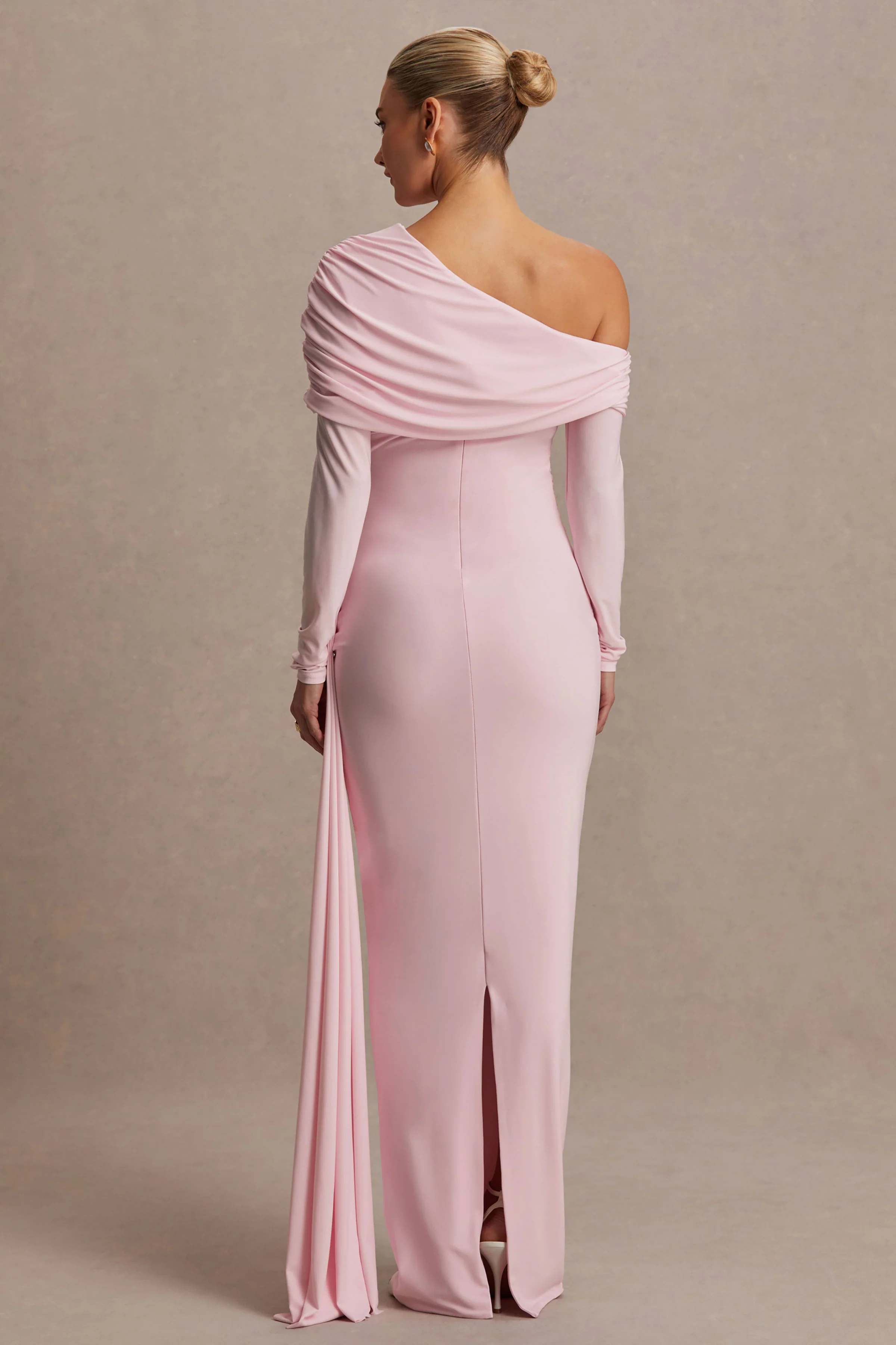 Amara | Blush Pink Asymmetric-Neck Maternity Maxi Dress With Sash Detail - Image 2