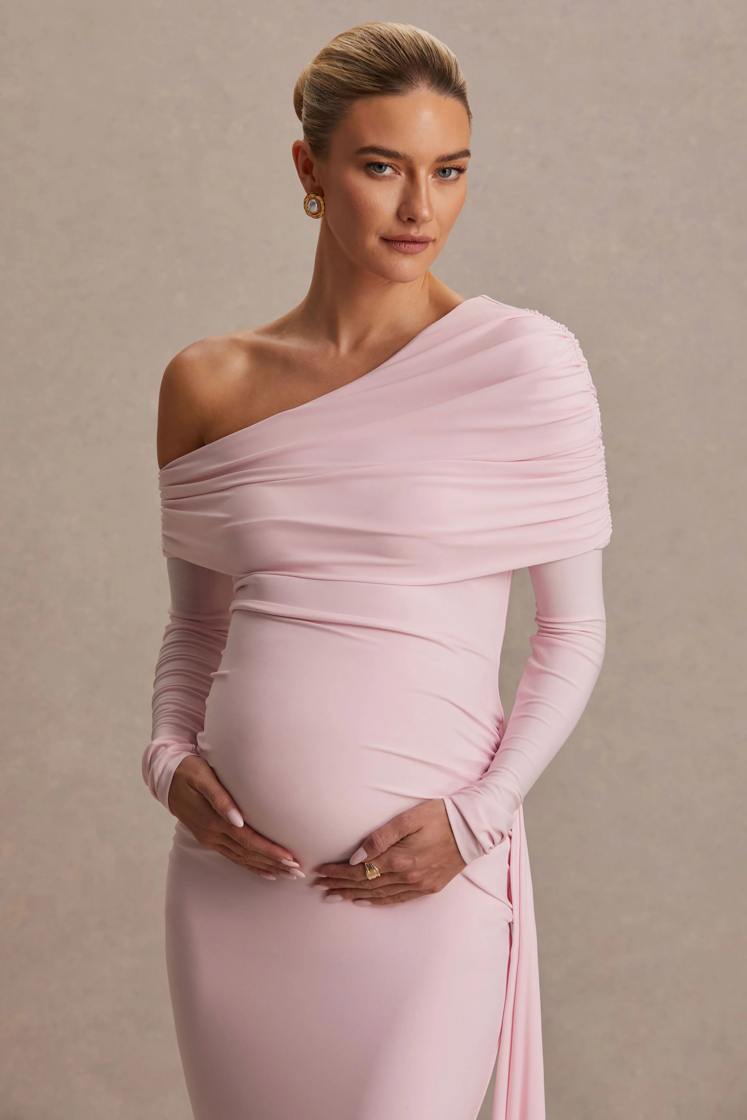 Amara | Blush Pink Asymmetric-Neck Maternity Maxi Dress With Sash Detail - Image 3