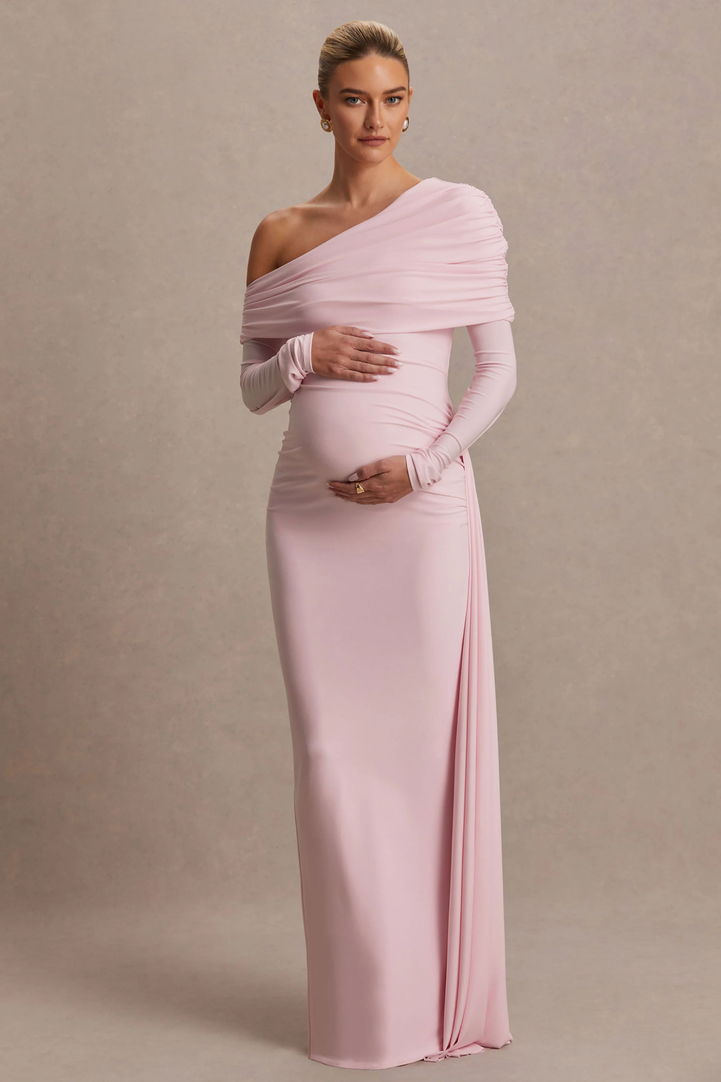 Amara | Blush Pink Asymmetric-Neck Maternity Maxi Dress With Sash Detail - Image 4