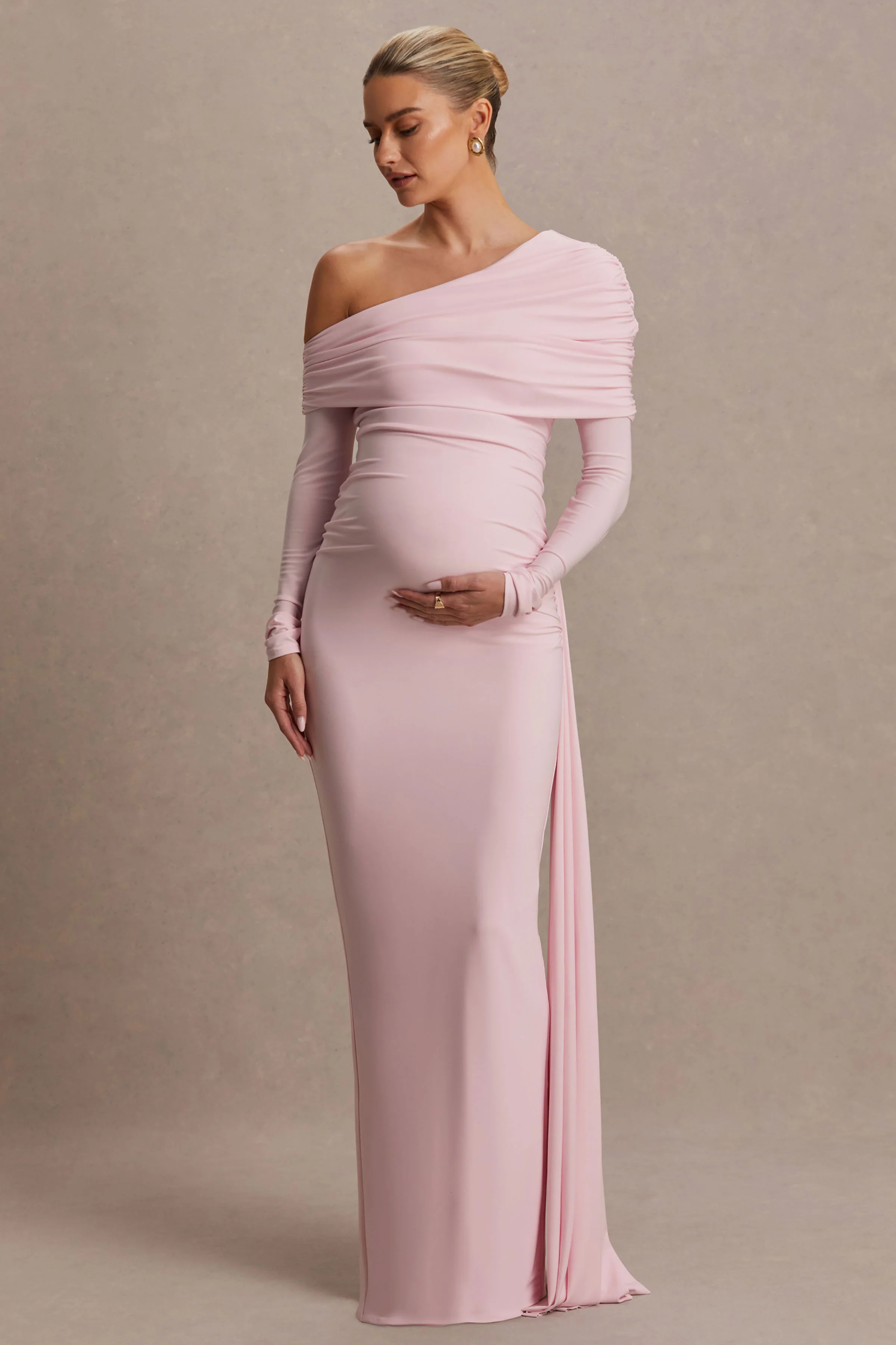 Amara | Blush Pink Asymmetric-Neck Maternity Maxi Dress With Sash Detail - Image 5