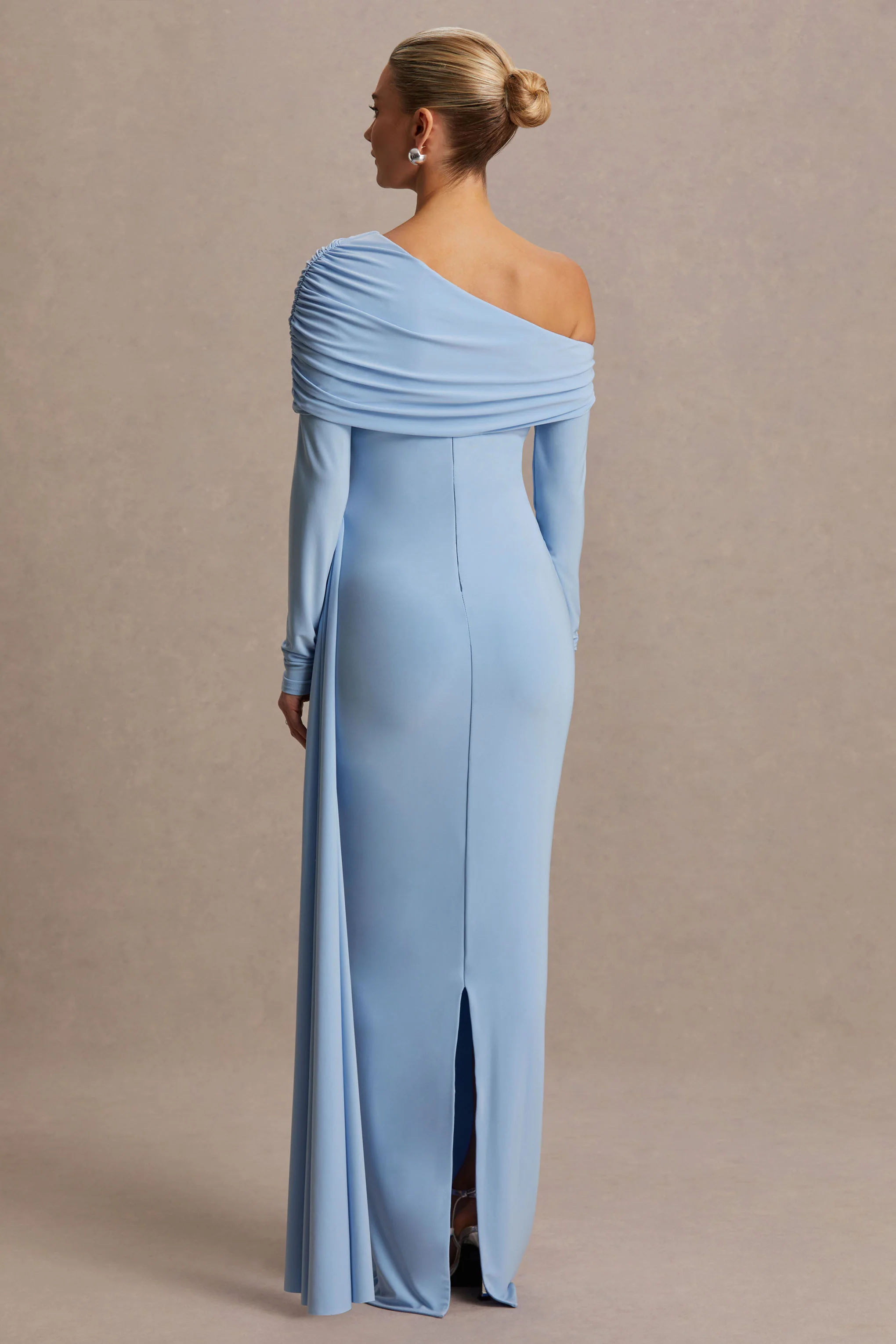 Amara | Powder Blue Asymmetric-Neck Maternity Maxi Dress With Sash Detail - Image 2