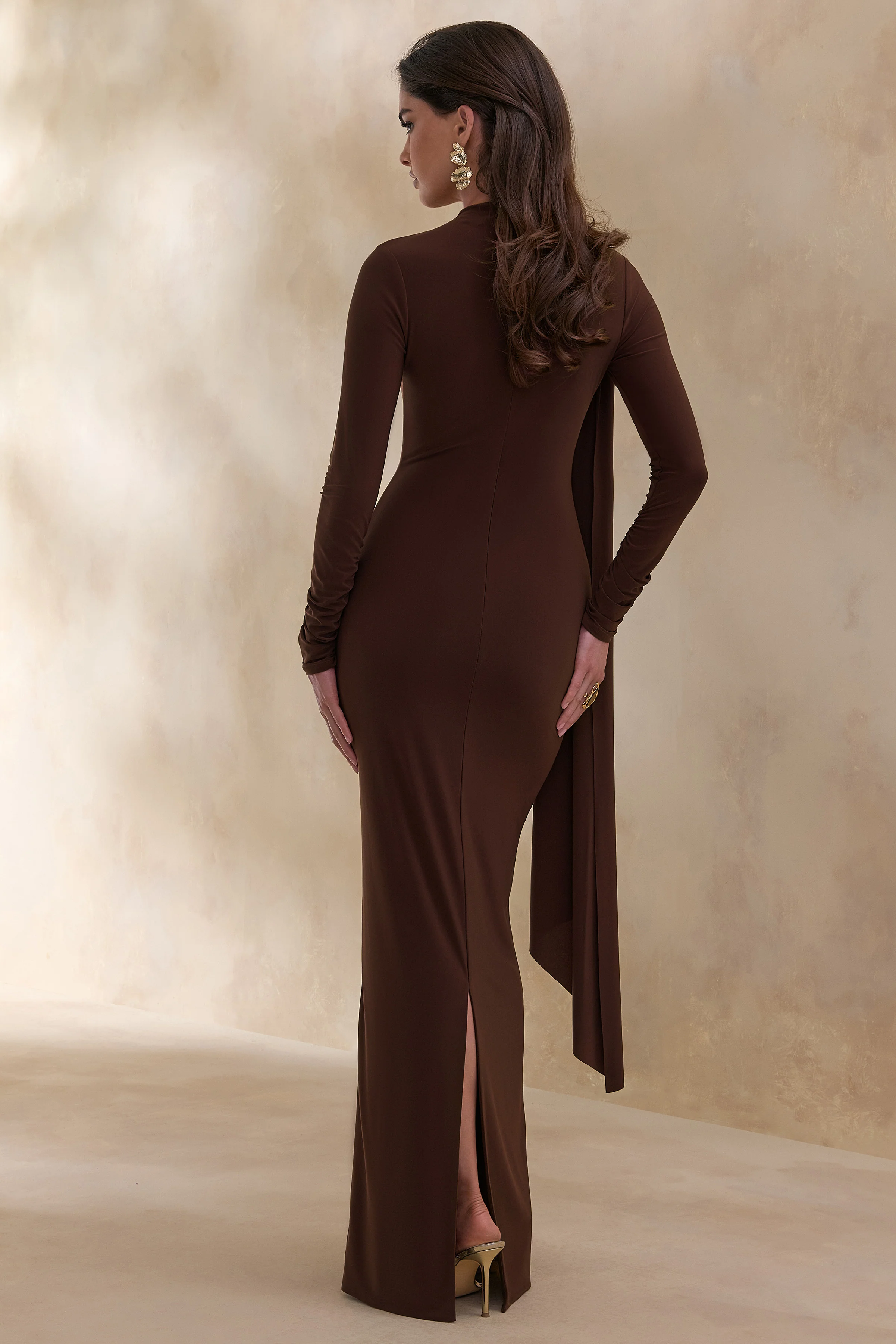 Amaria | Brown High-Neck Maxi Dress With Sash-Detail - Image 2