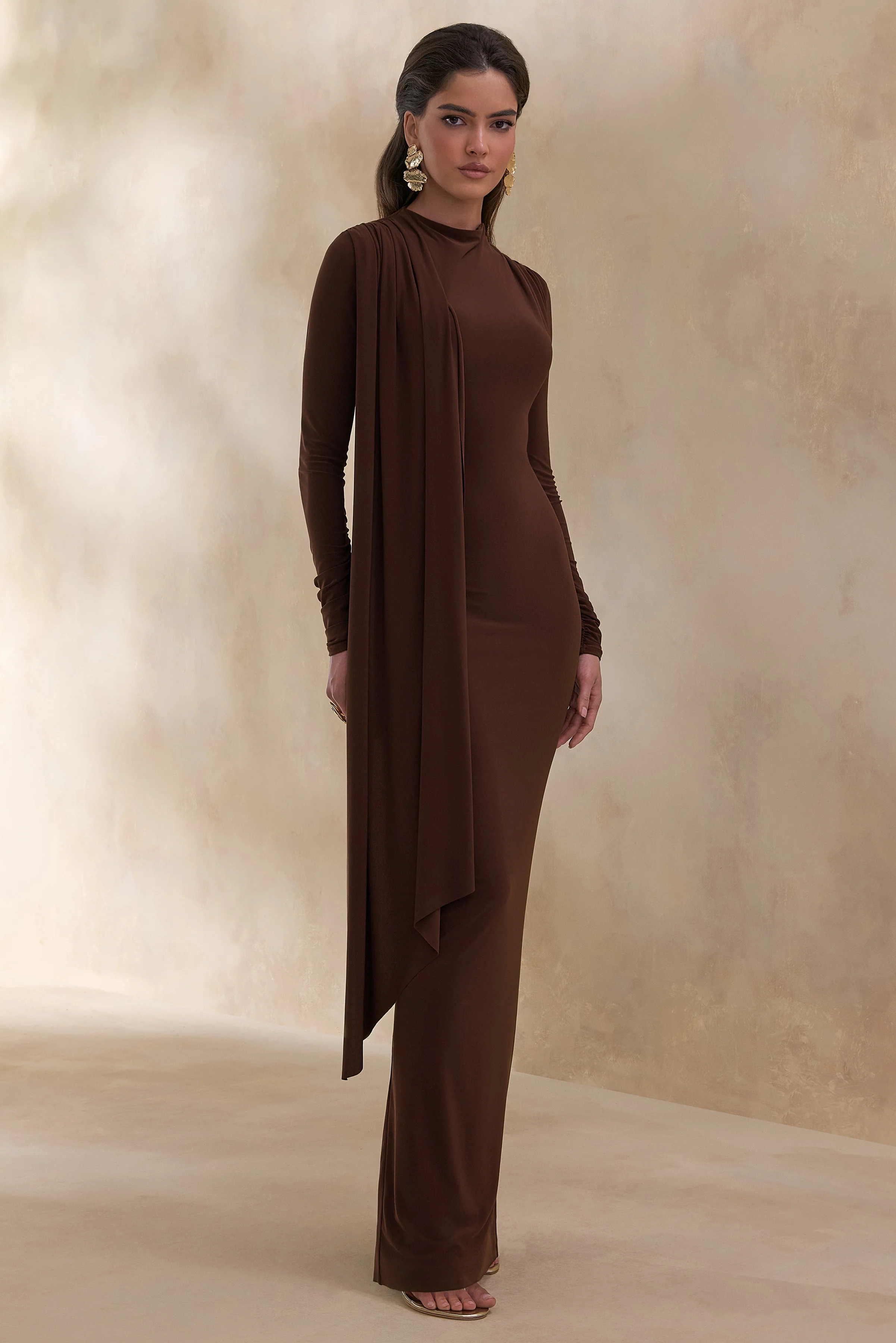 Amaria | Brown High-Neck Maxi Dress With Sash-Detail - Image 4