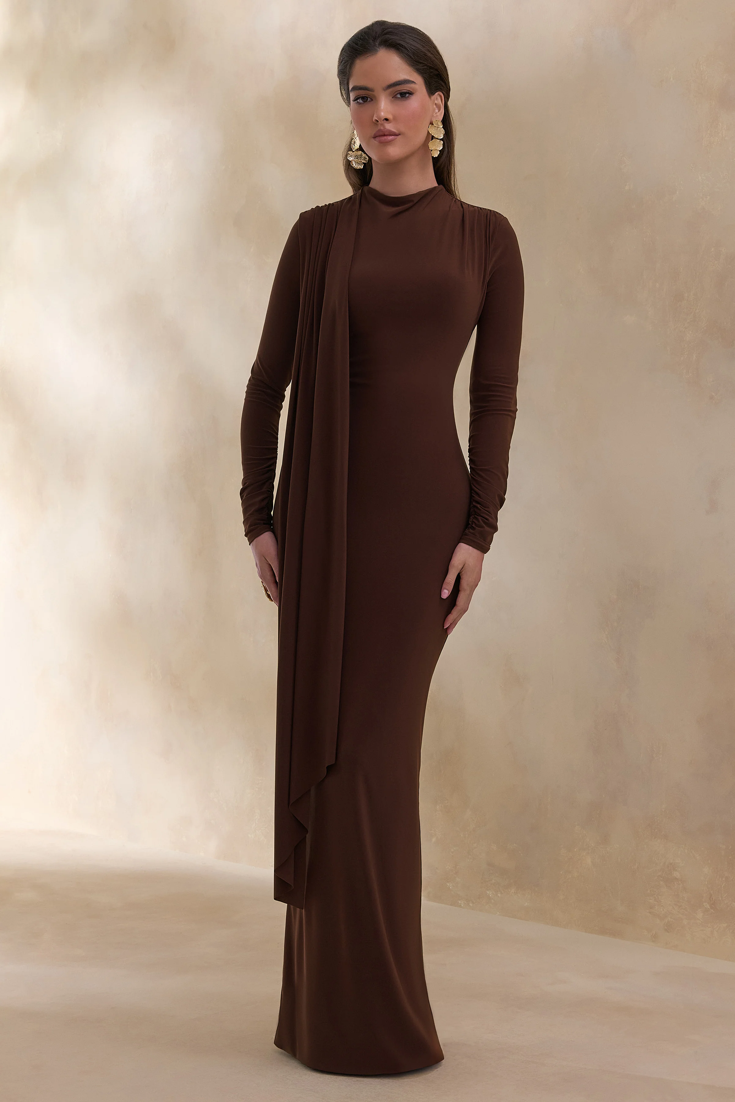 Amaria | Brown High-Neck Maxi Dress With Sash-Detail - Image 5