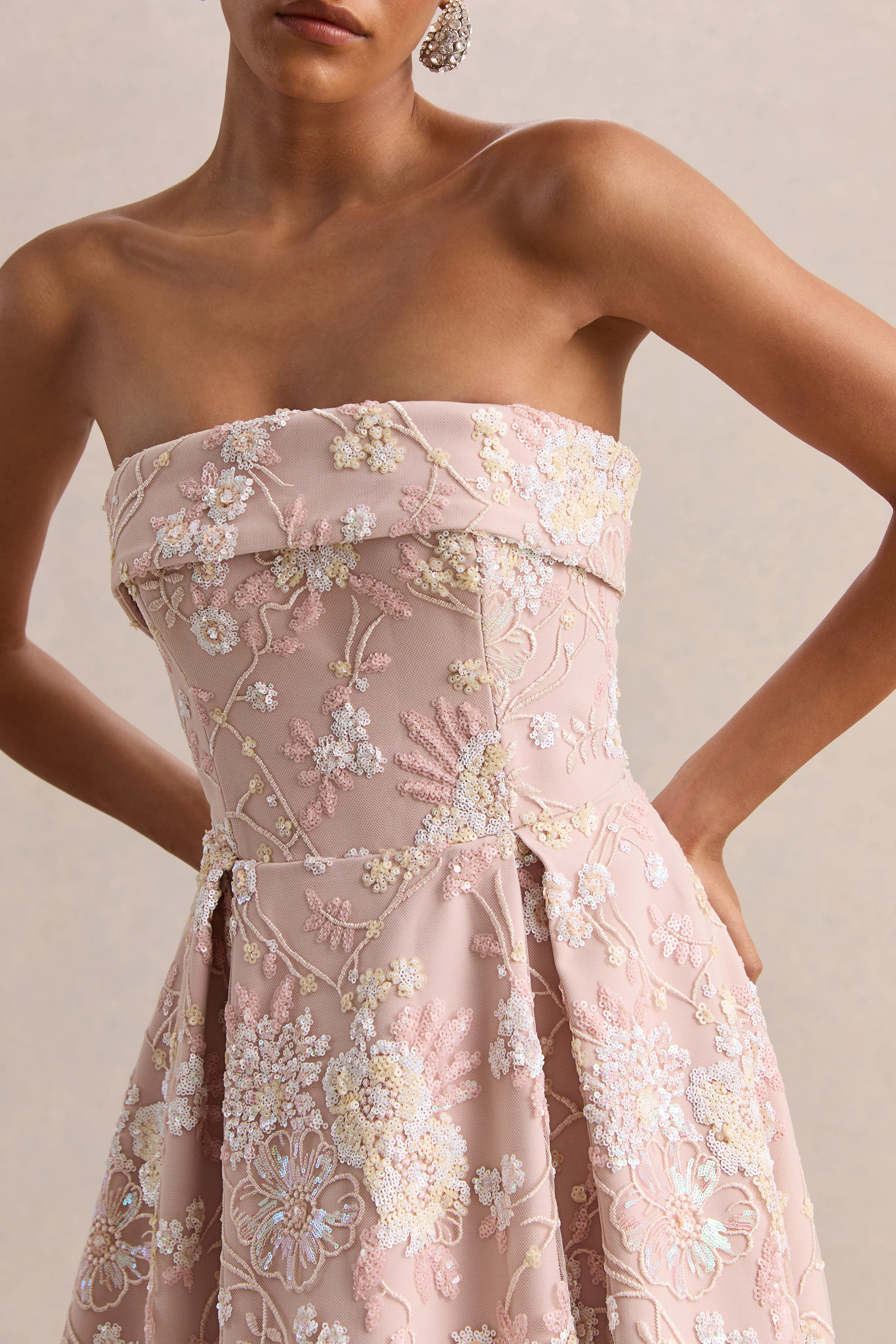 Amaris | Pink Embellished Floral Bandeau Skater Midi Dress - Image 3