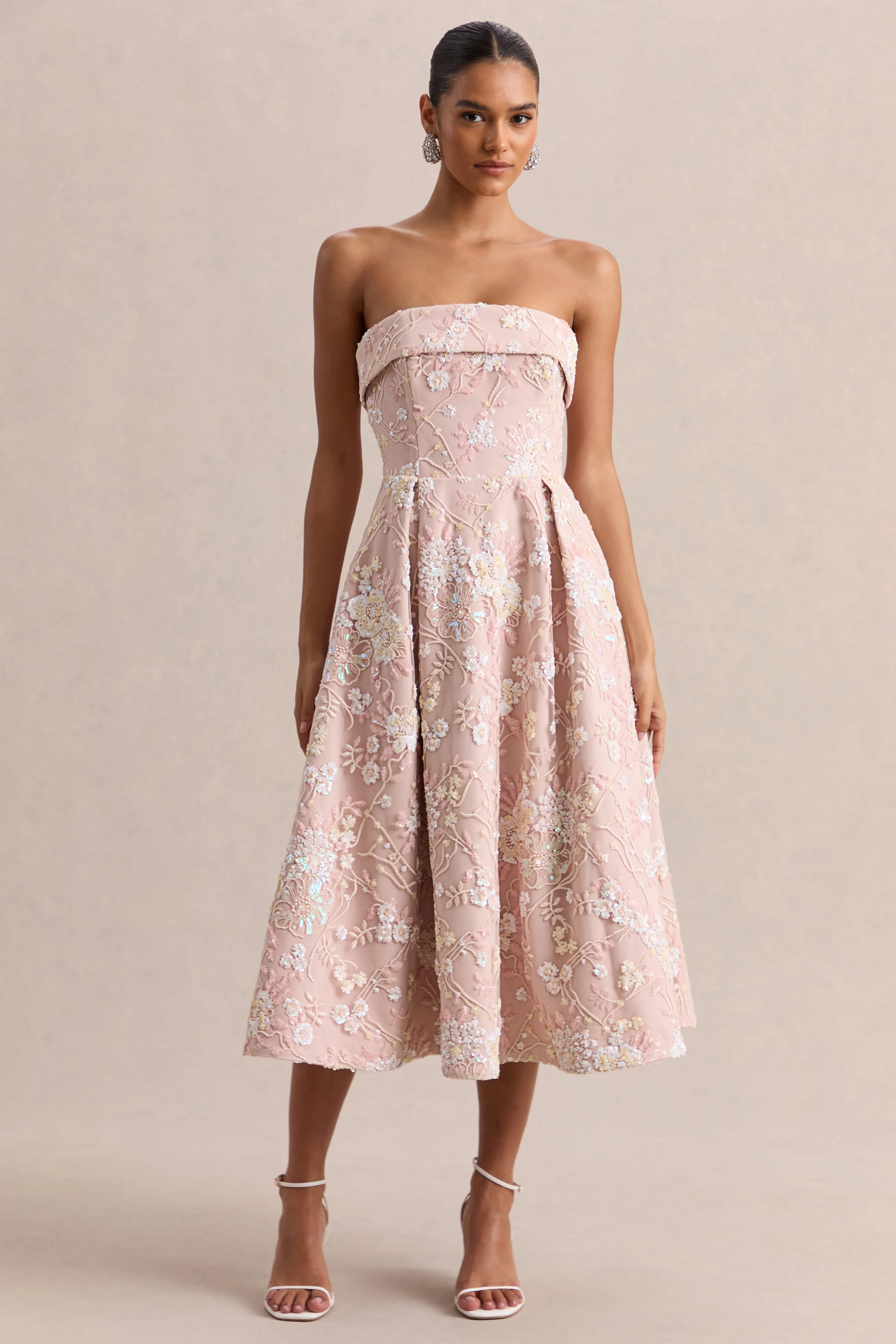 Amaris | Pink Embellished Floral Bandeau Skater Midi Dress - Image 4