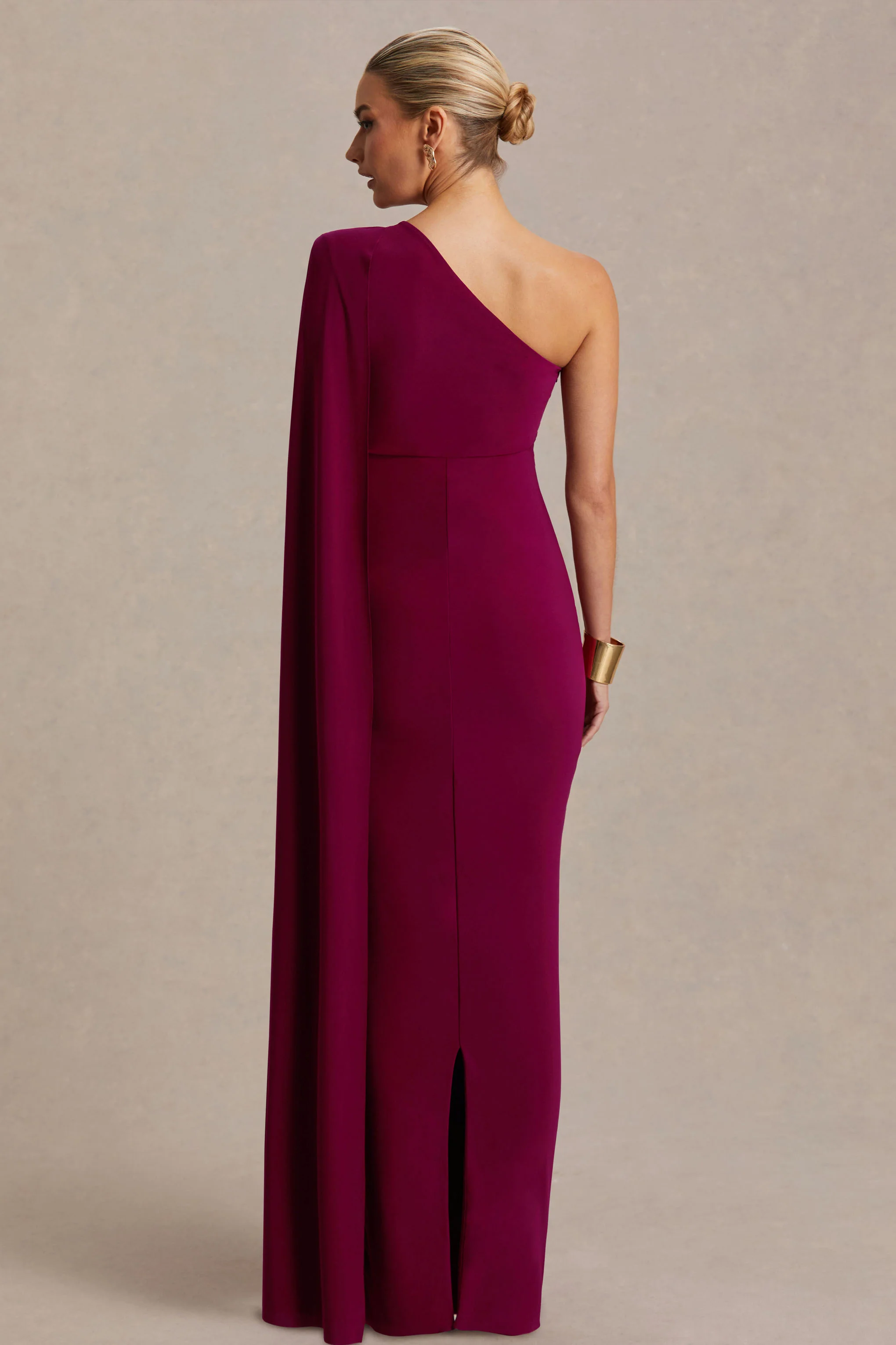 Amaryllis | Berry Maternity One Shoulder Maxi Dress with Cape Sleeve - Image 2
