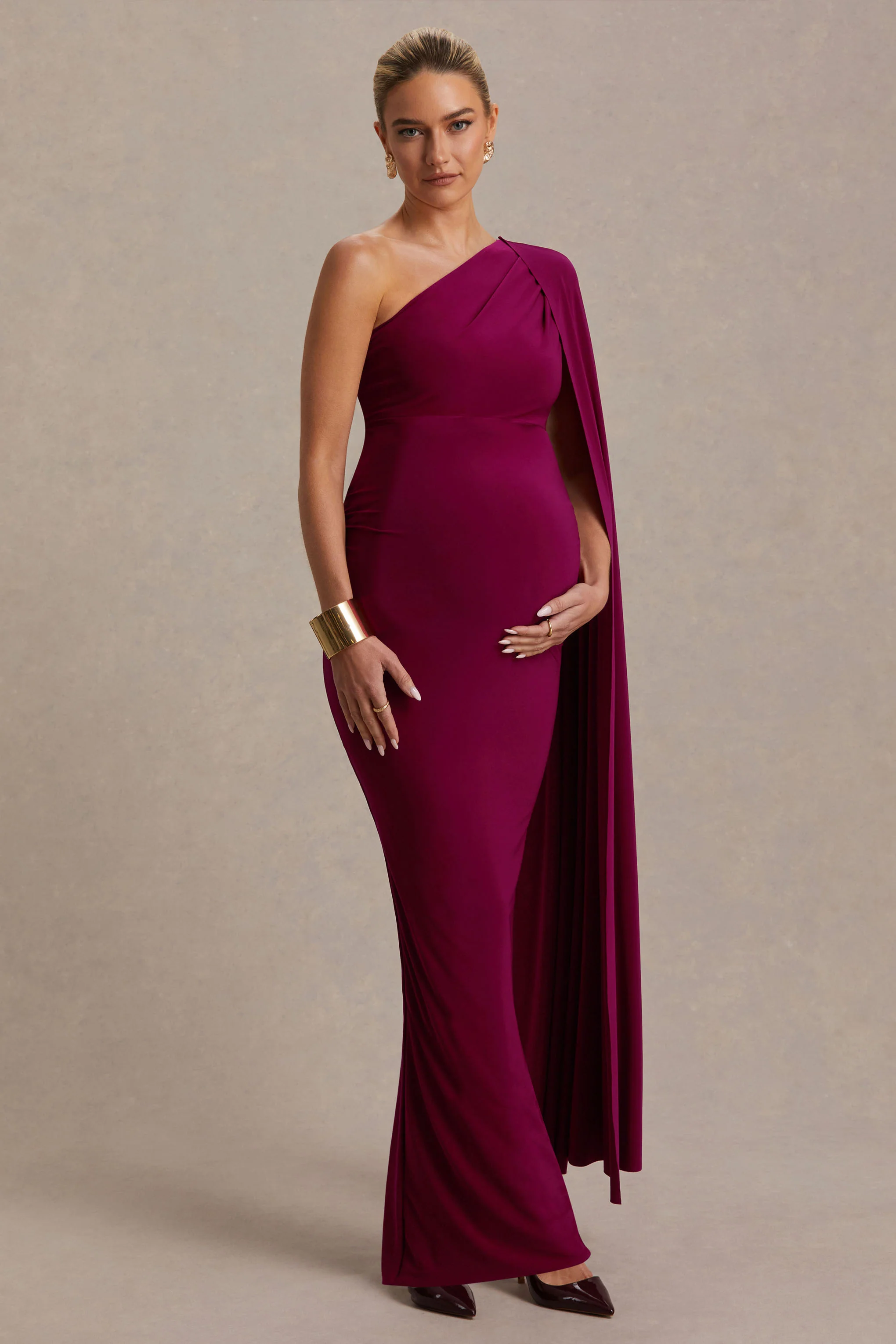 Amaryllis | Berry Maternity One Shoulder Maxi Dress with Cape Sleeve - Image 4