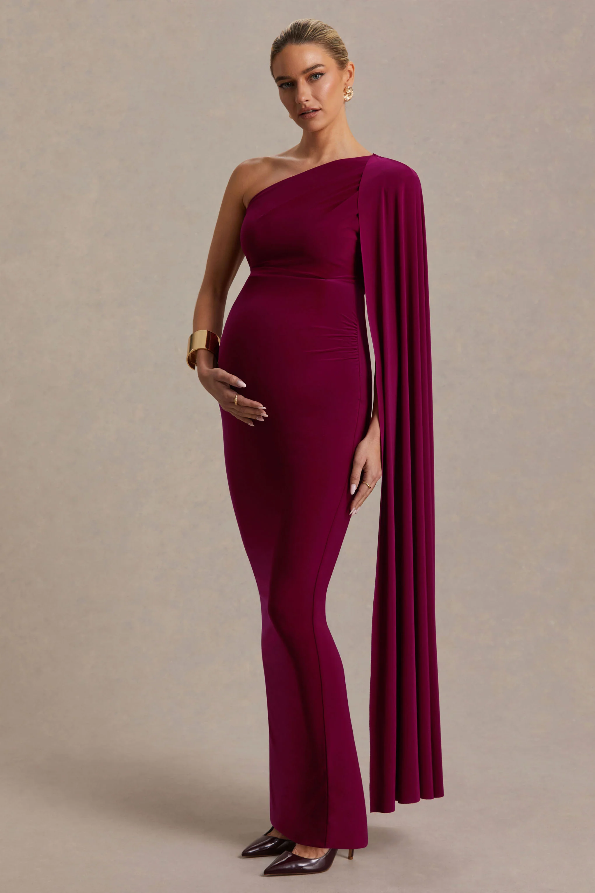 Amaryllis | Berry Maternity One Shoulder Maxi Dress with Cape Sleeve - Image 5