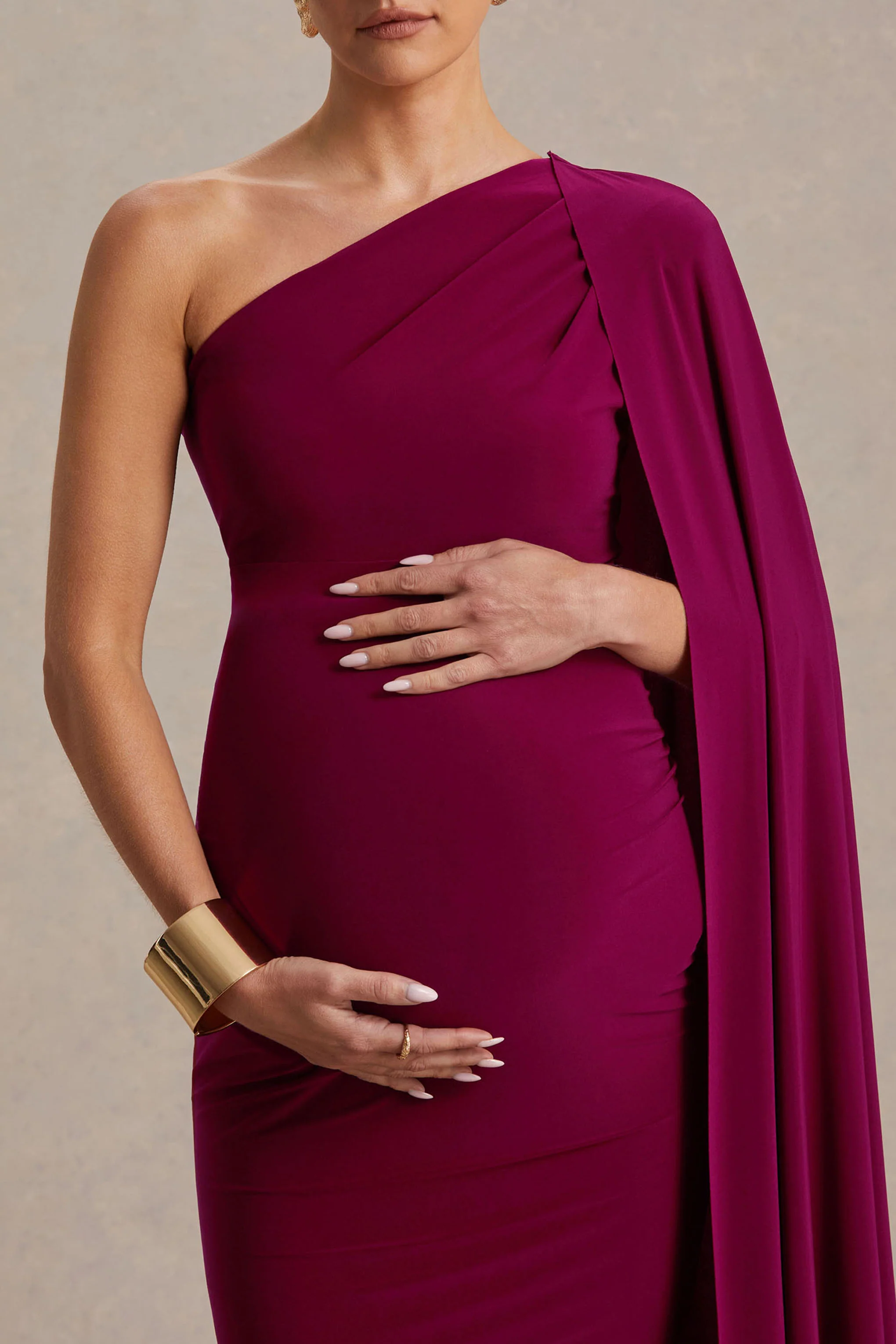 Amaryllis | Berry Maternity One Shoulder Maxi Dress with Cape Sleeve - Image 6