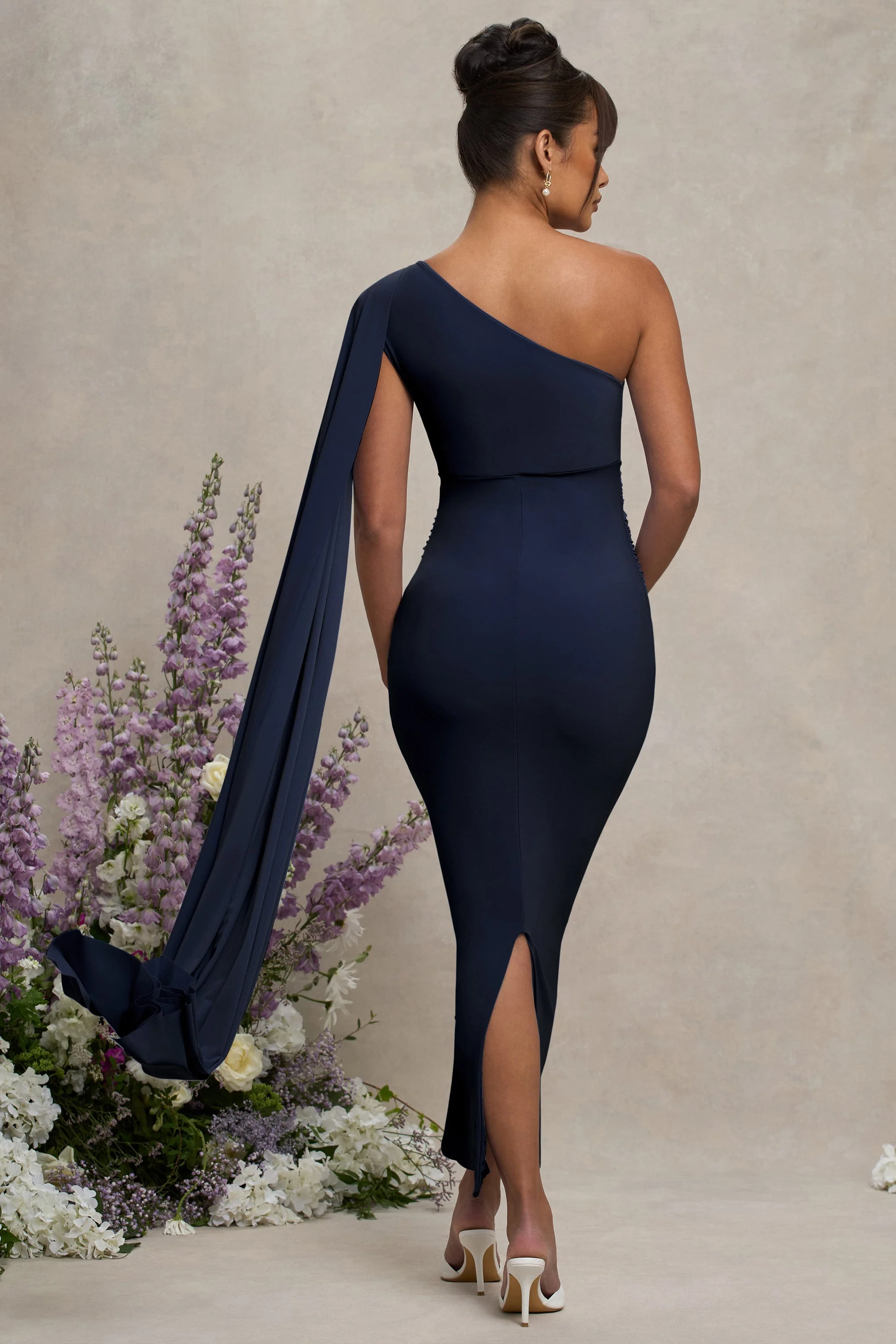 Amaryllis | Navy Maternity One Shoulder Maxi Dress with Cape Sleeve - Image 4