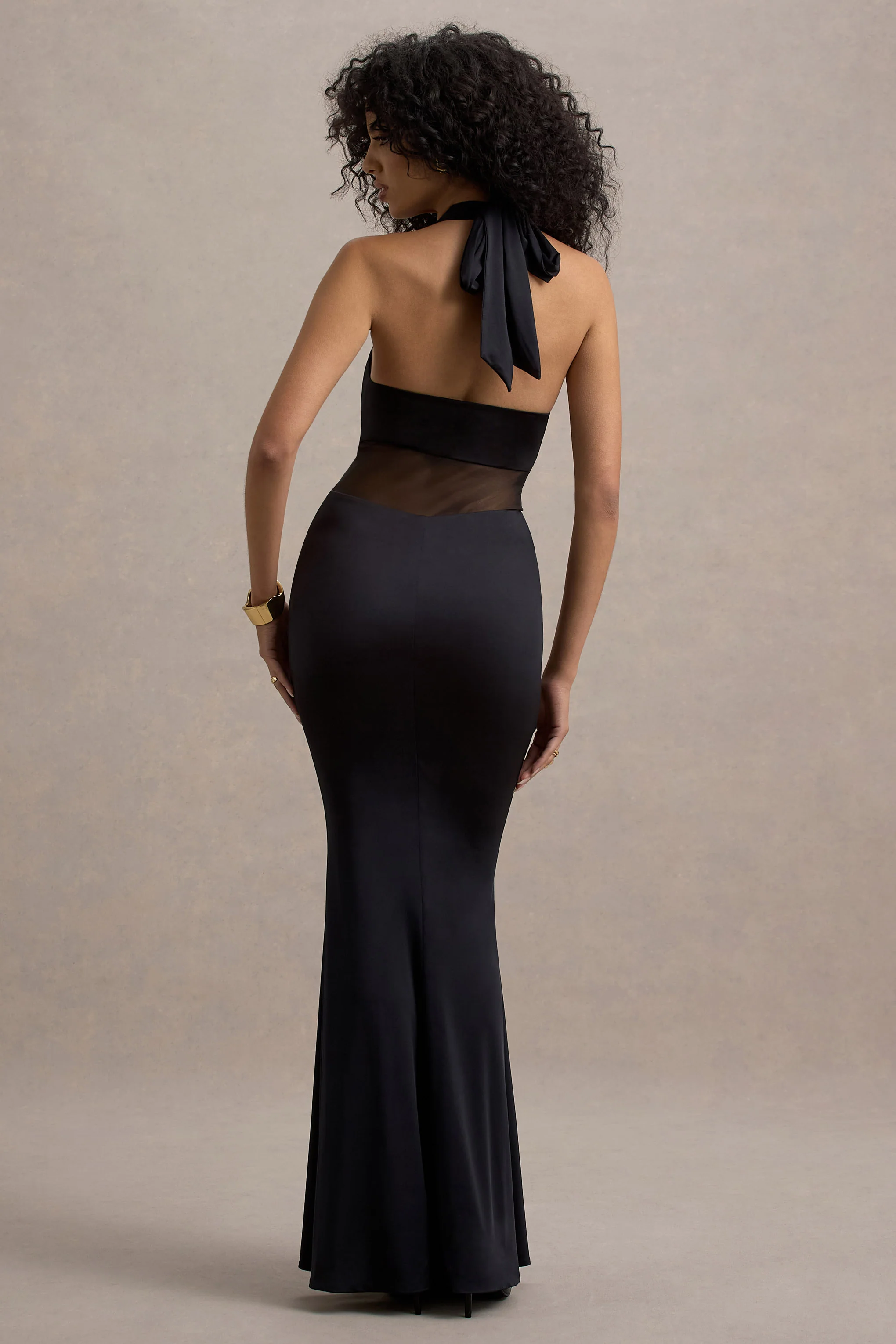 Amazonie | Black Plunge-Neck Twisted Maxi Dress With Mesh Panels - Image 2