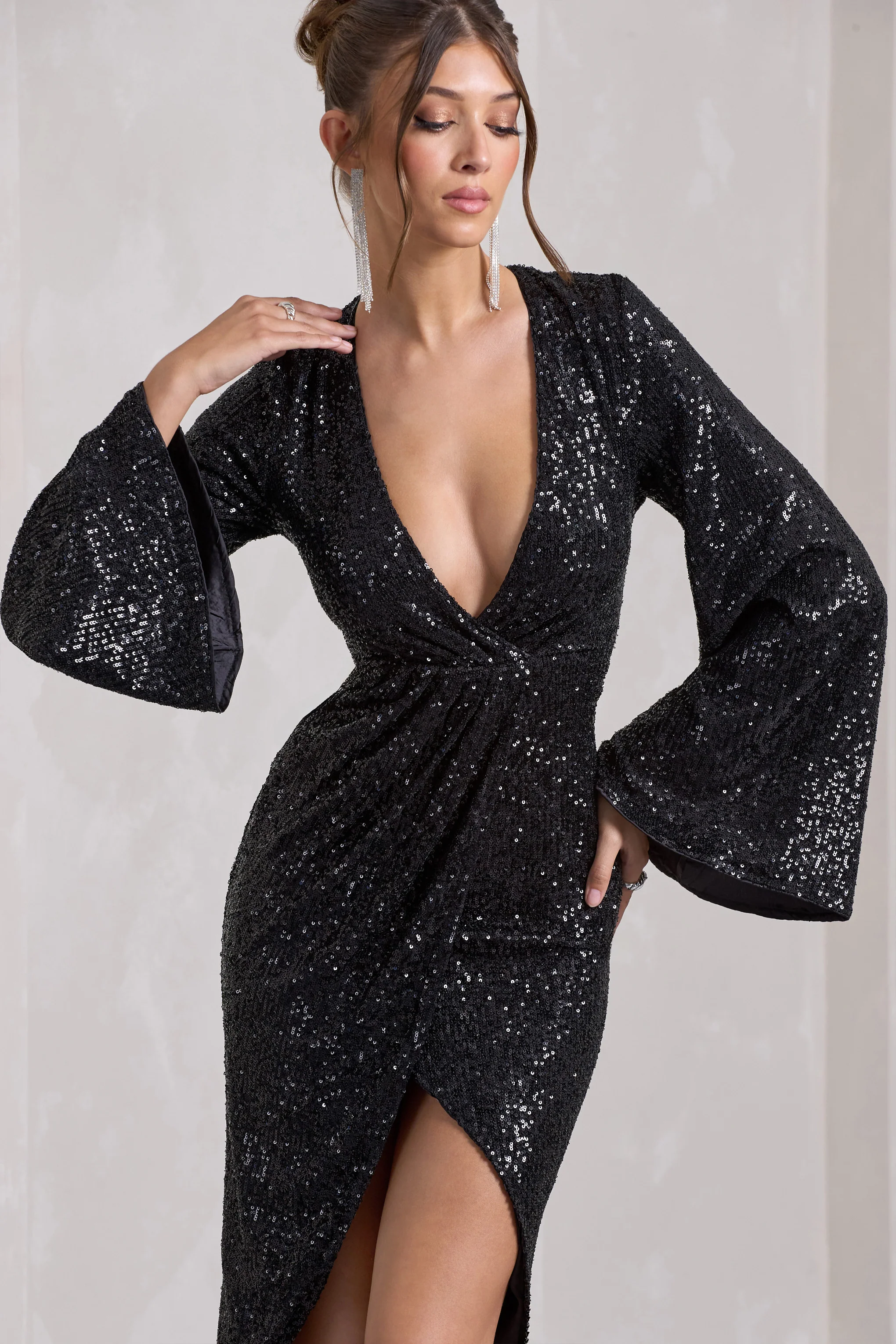 Amber | Black Sequin Plunge Wrap Midi Dress - Image 3
