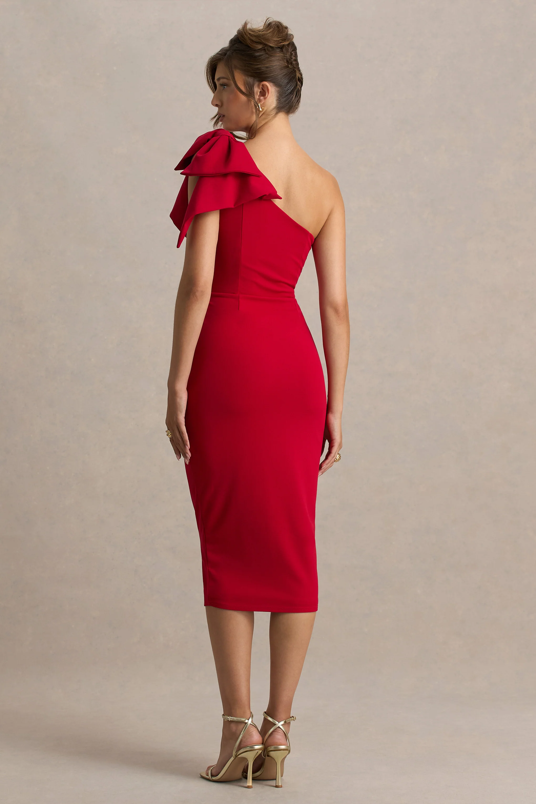 Ambretta | Red One-Shoulder Midi Dress With Bow - Image 2