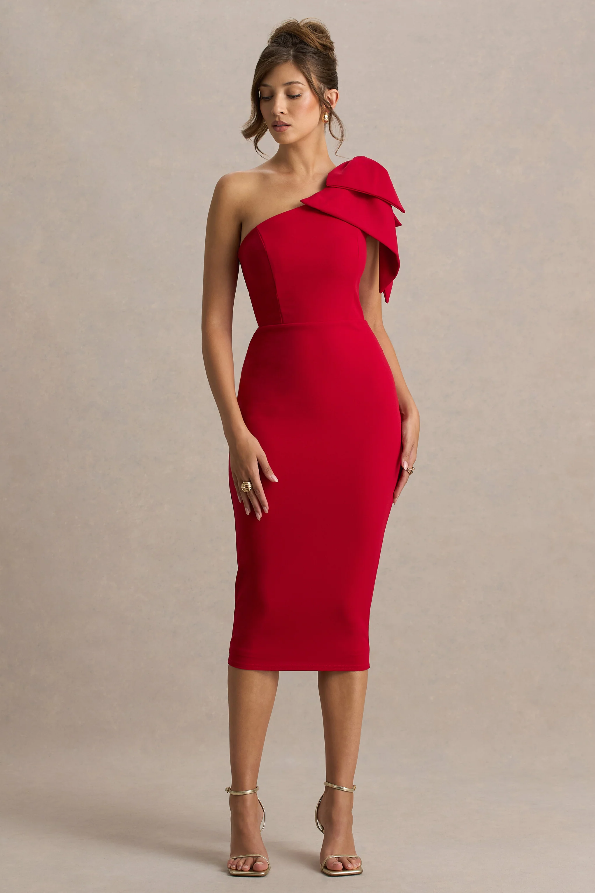 Ambretta | Red One-Shoulder Midi Dress With Bow - Image 5