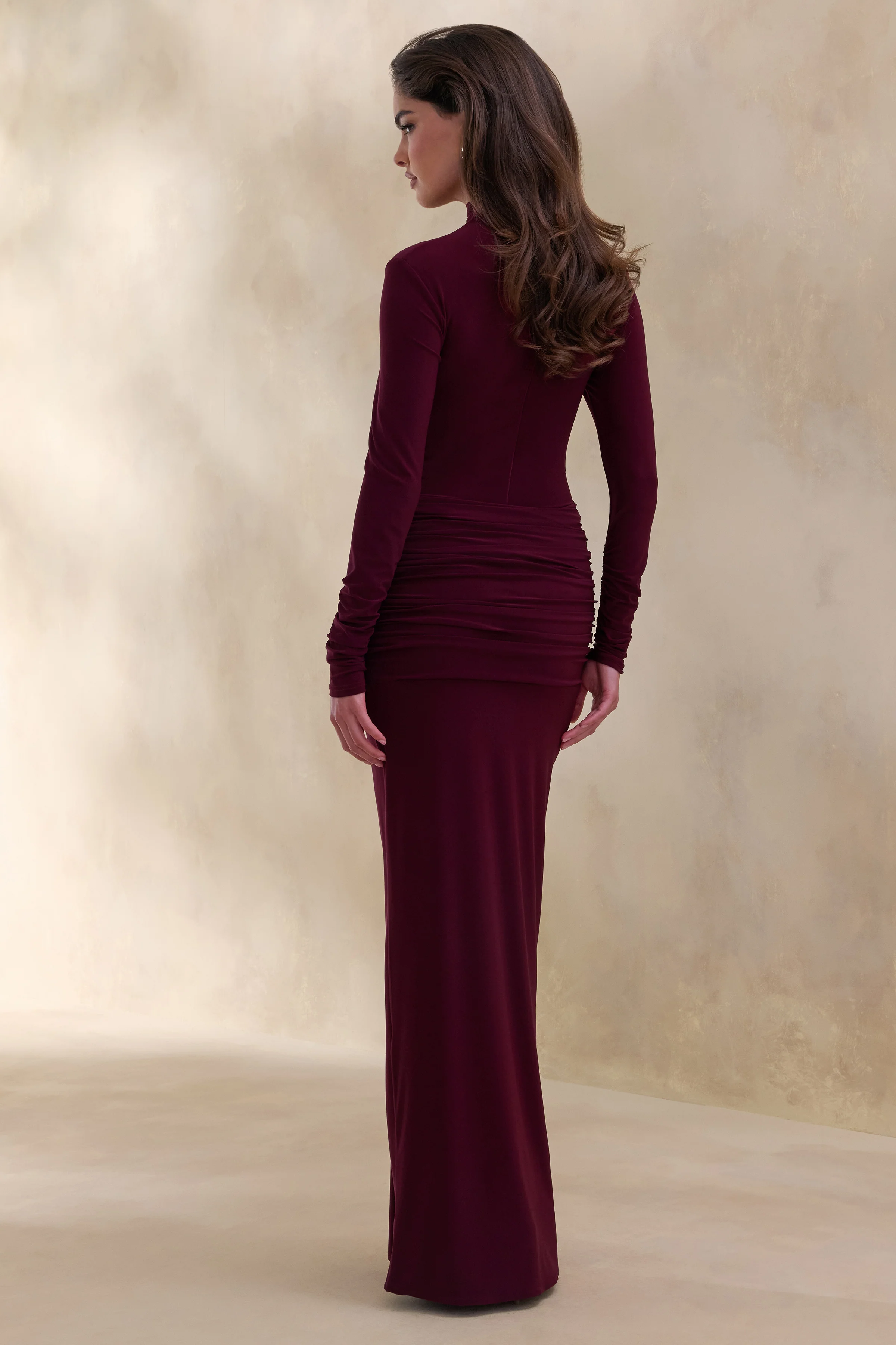 Ambrette | Dark Plum High-Neck Maxi Dress With Gathered-Detailing - Image 2