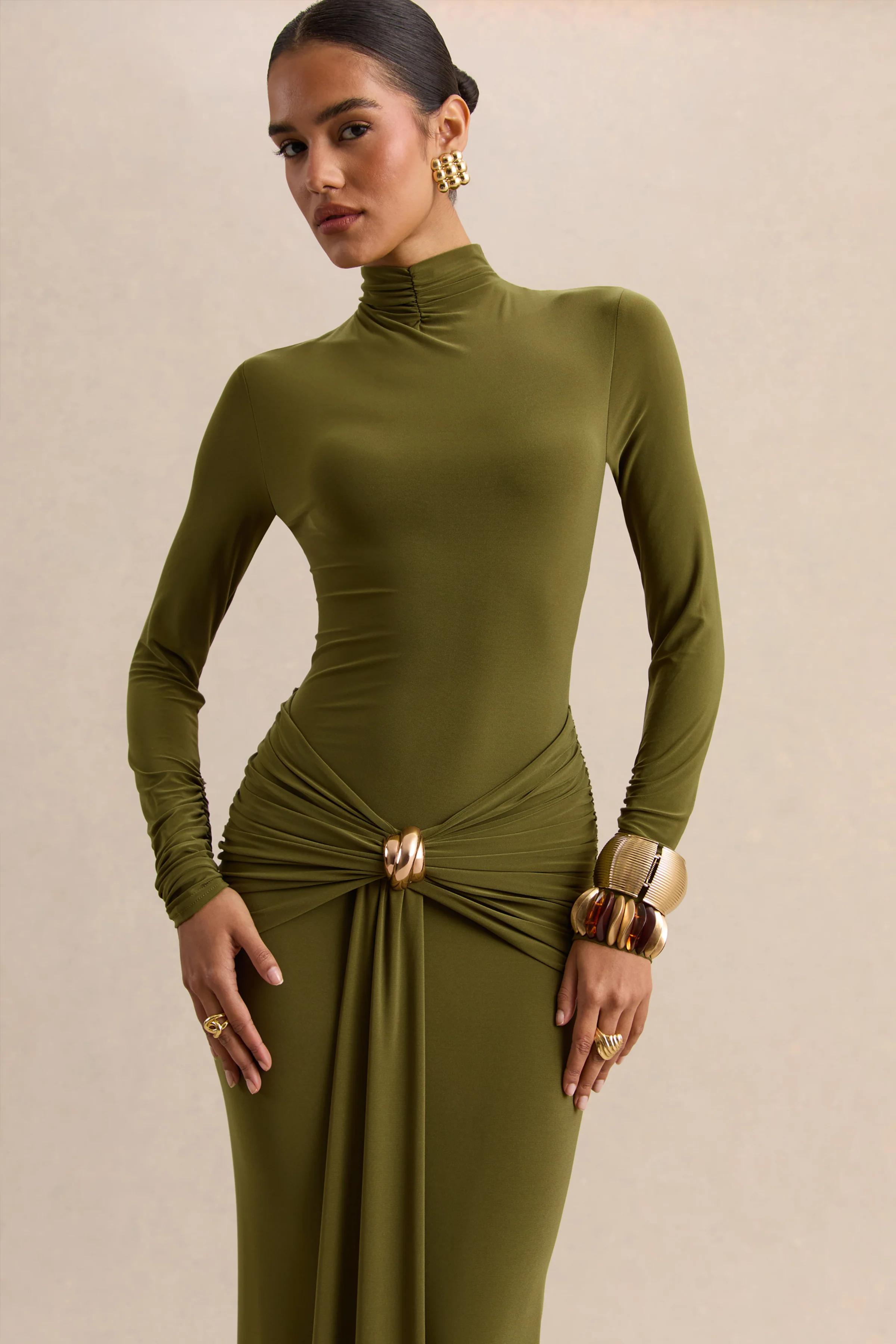 Ambrette | Olive High-Neck Maxi Dress With Gathered-Detailing - Image 3
