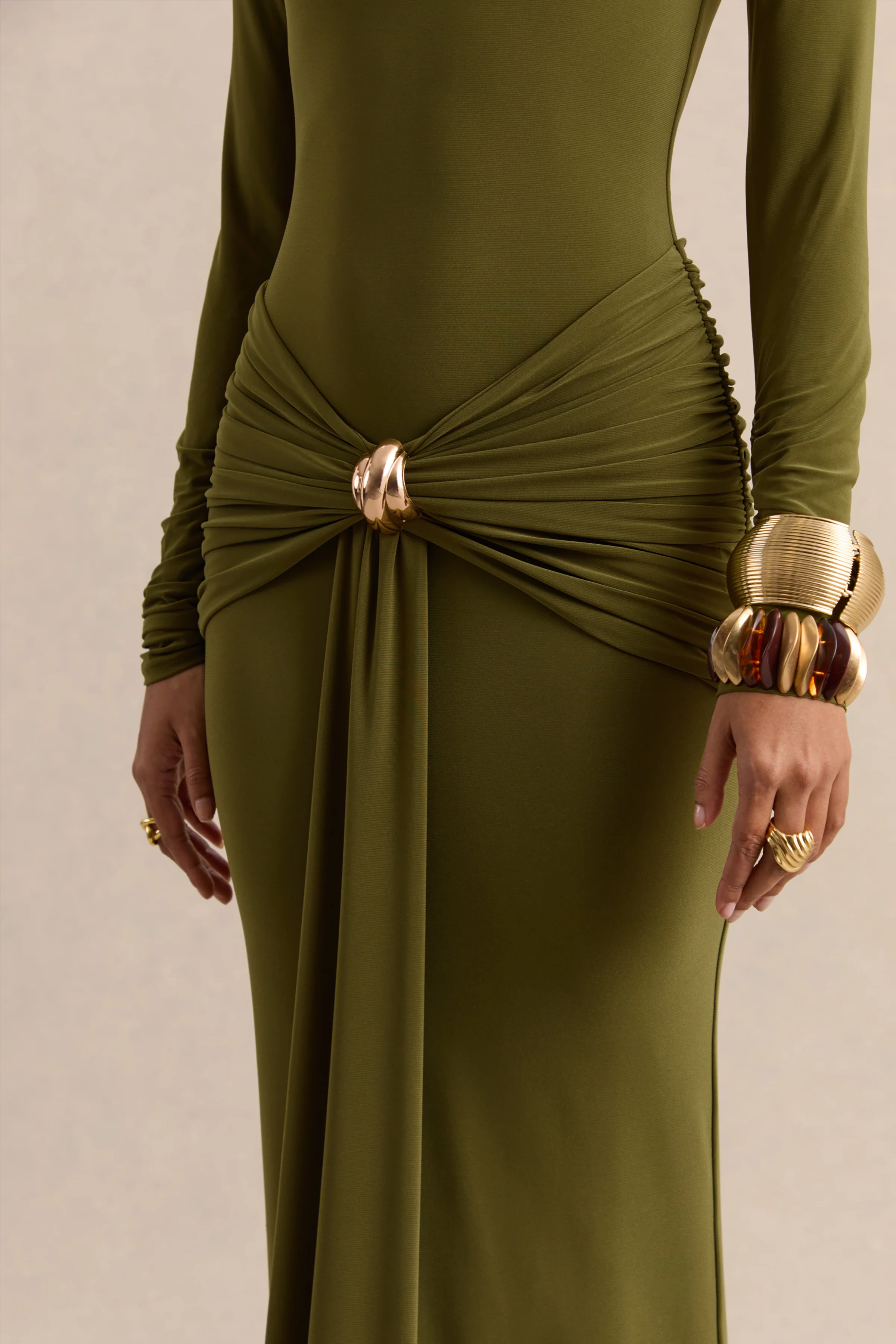Ambrette | Olive High-Neck Maxi Dress With Gathered-Detailing - Image 7