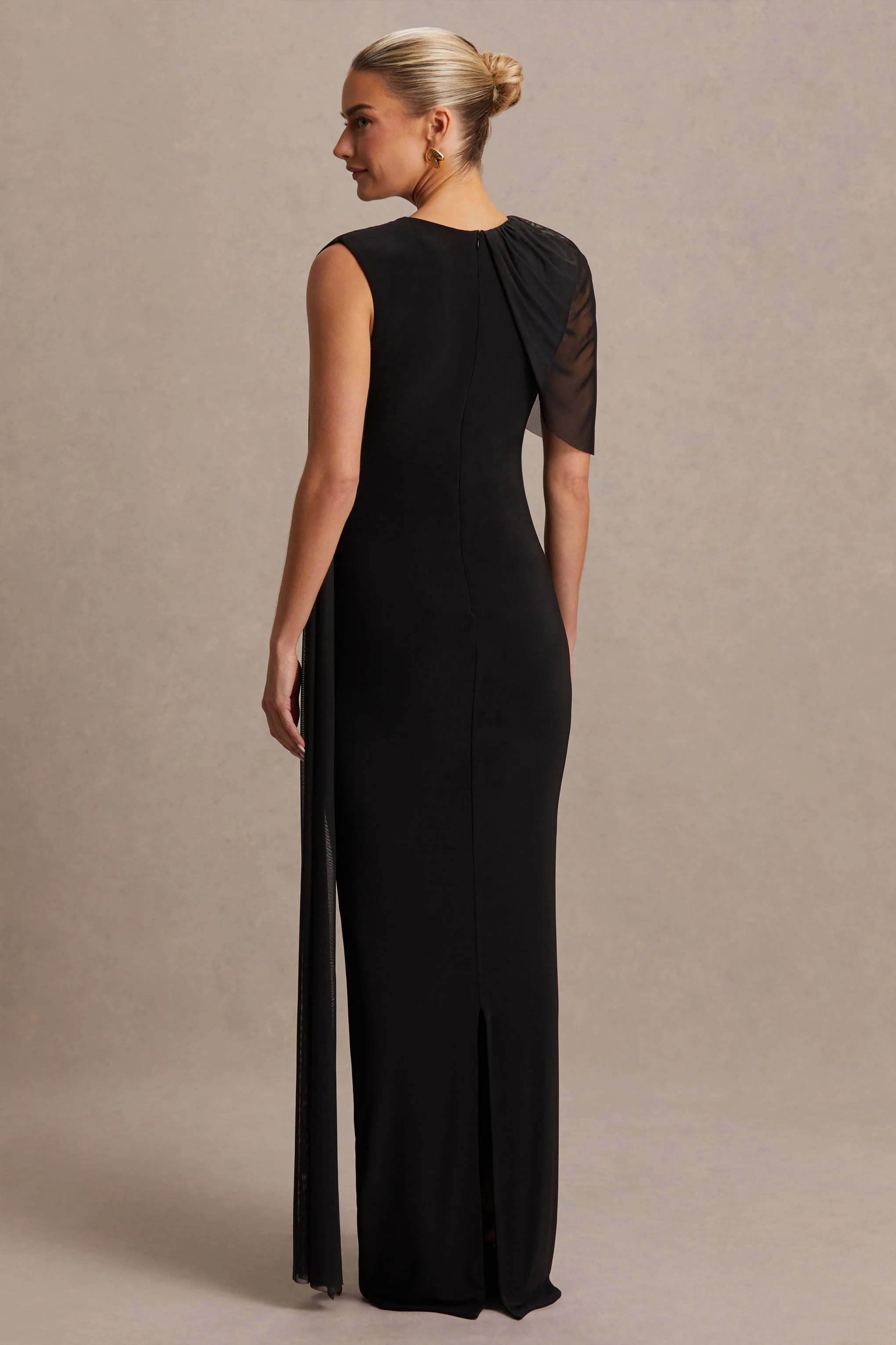 Amelise | Black High-Neck Maternity Maxi Dress With Mesh-Cape Sleeve And Sash Detail - Image 2