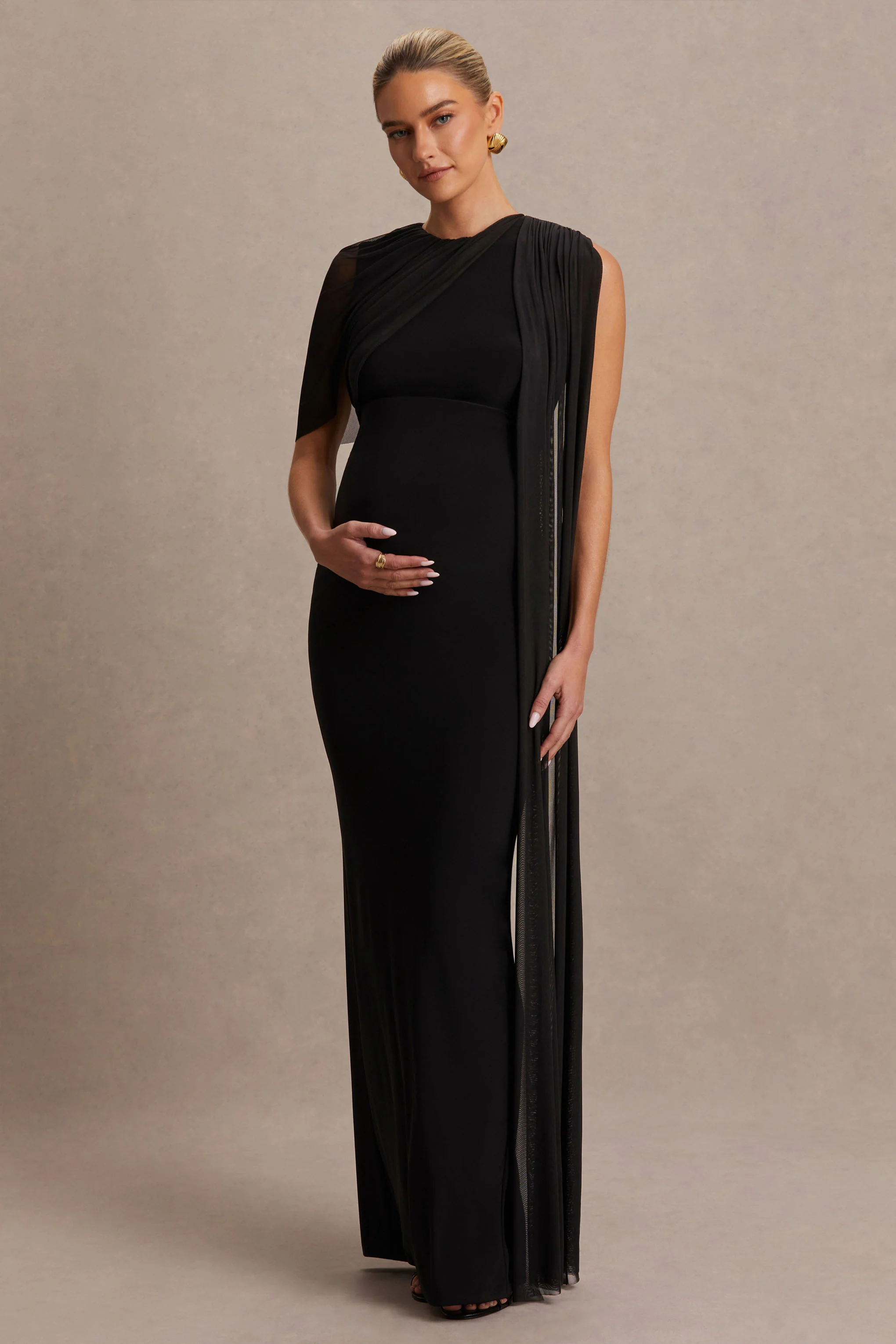 Amelise | Black High-Neck Maternity Maxi Dress With Mesh-Cape Sleeve And Sash Detail - Image 4