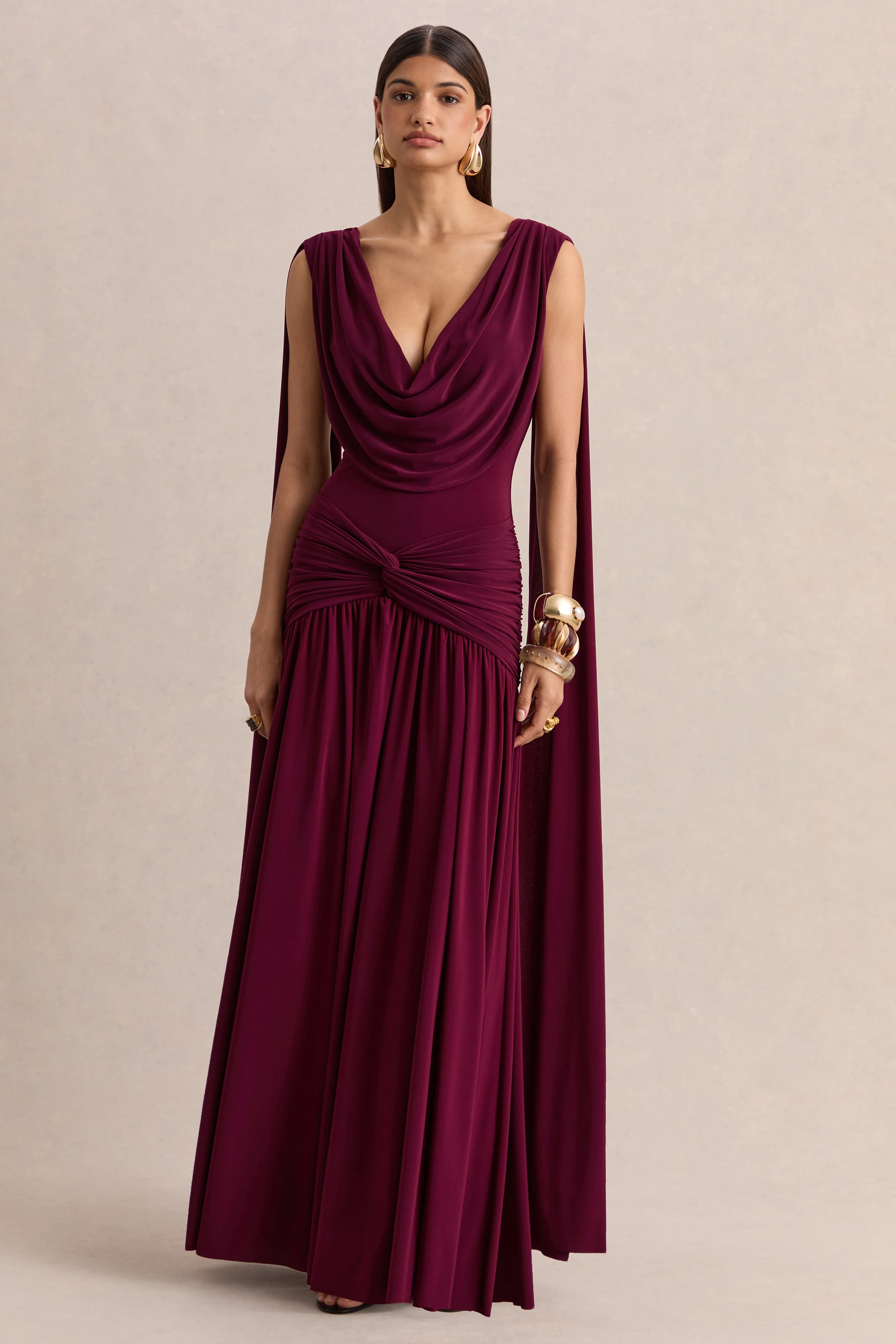 Amelisse | Burgundy Plunge-Neck Maxi Dress With Ruched-Detailing - Image 4