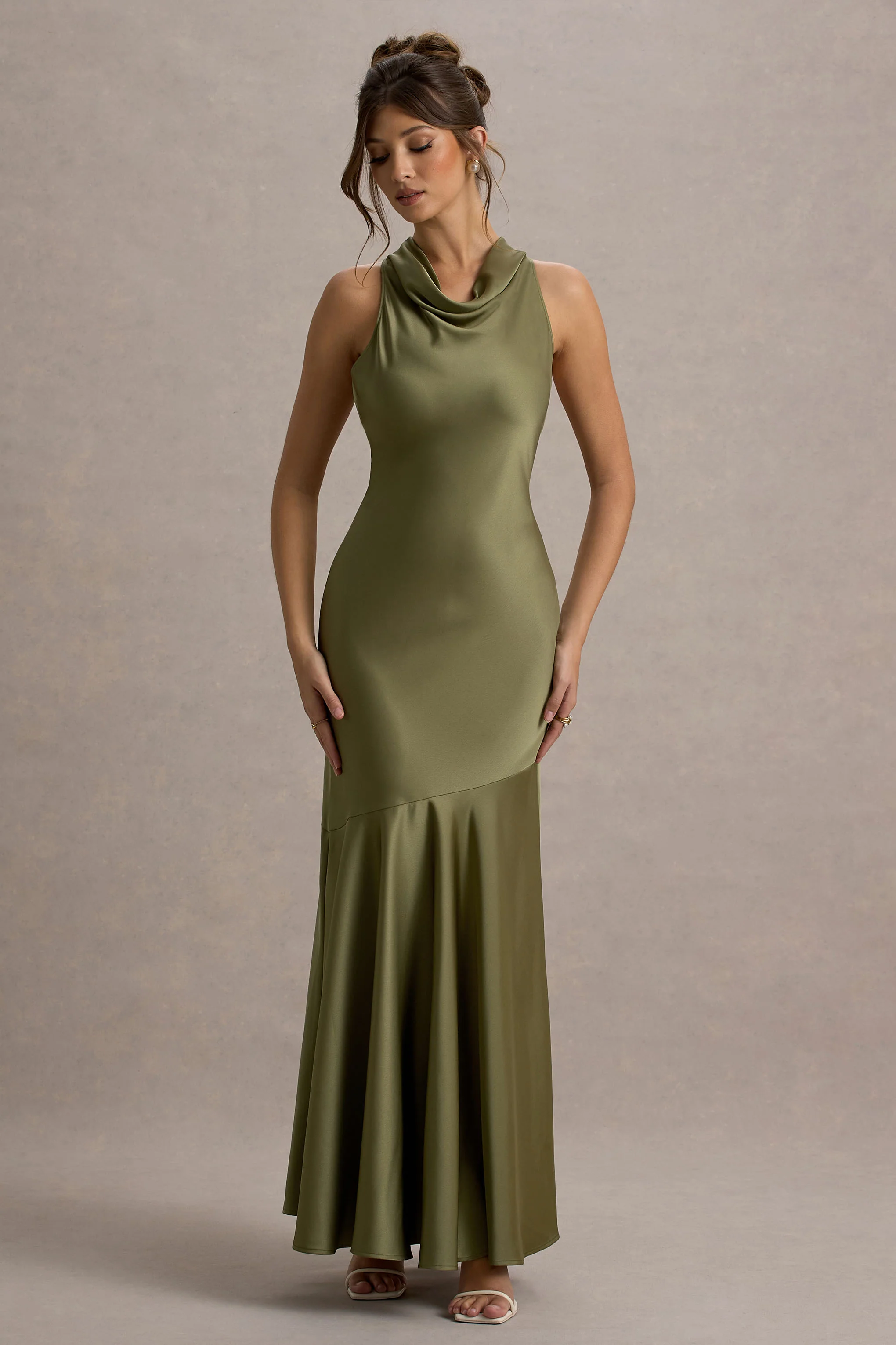 Amelita | Khaki Satin Cowl-Neck Maxi Dress - Image 4