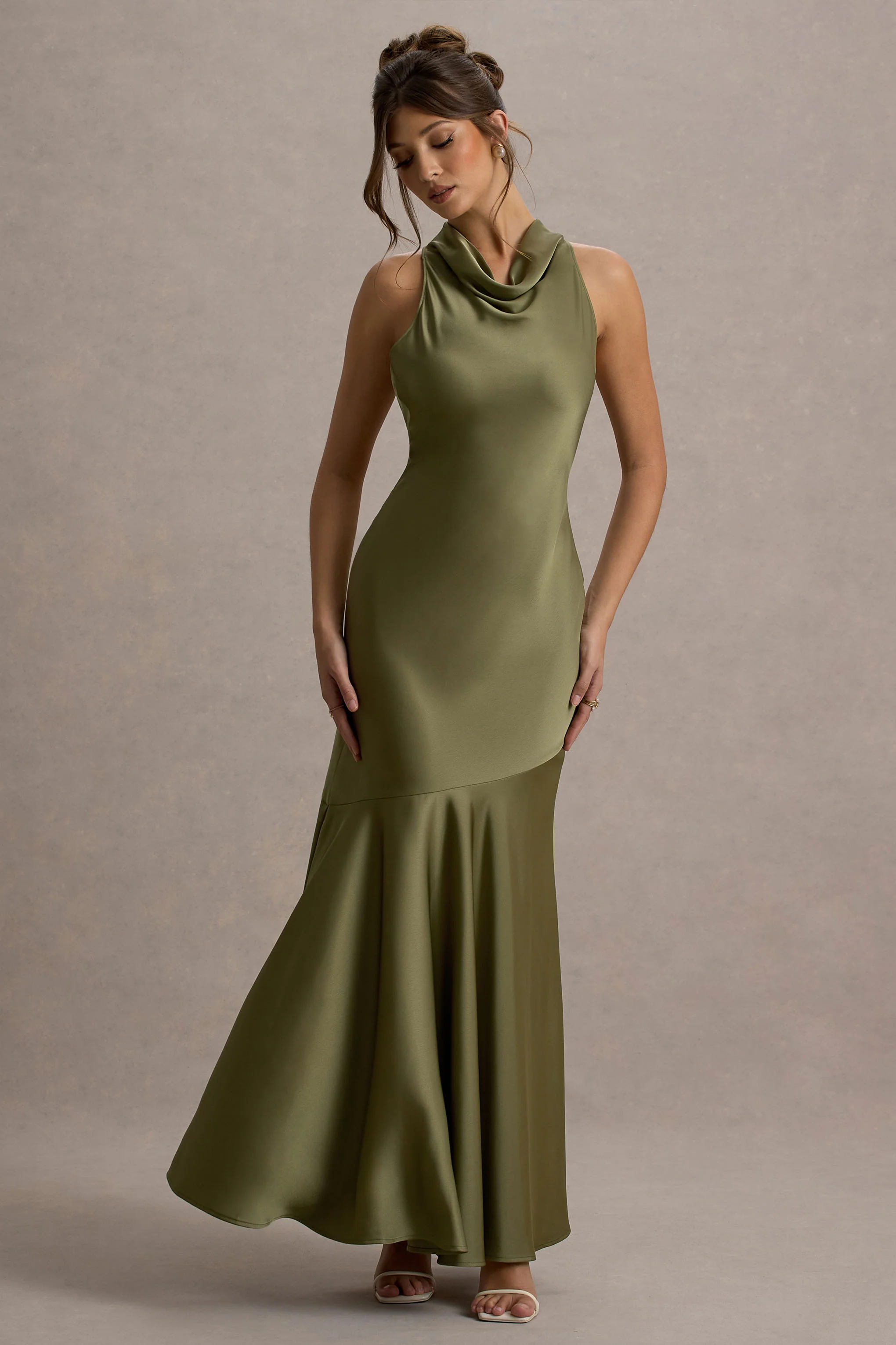 Amelita | Khaki Satin Cowl-Neck Maxi Dress - Image 5