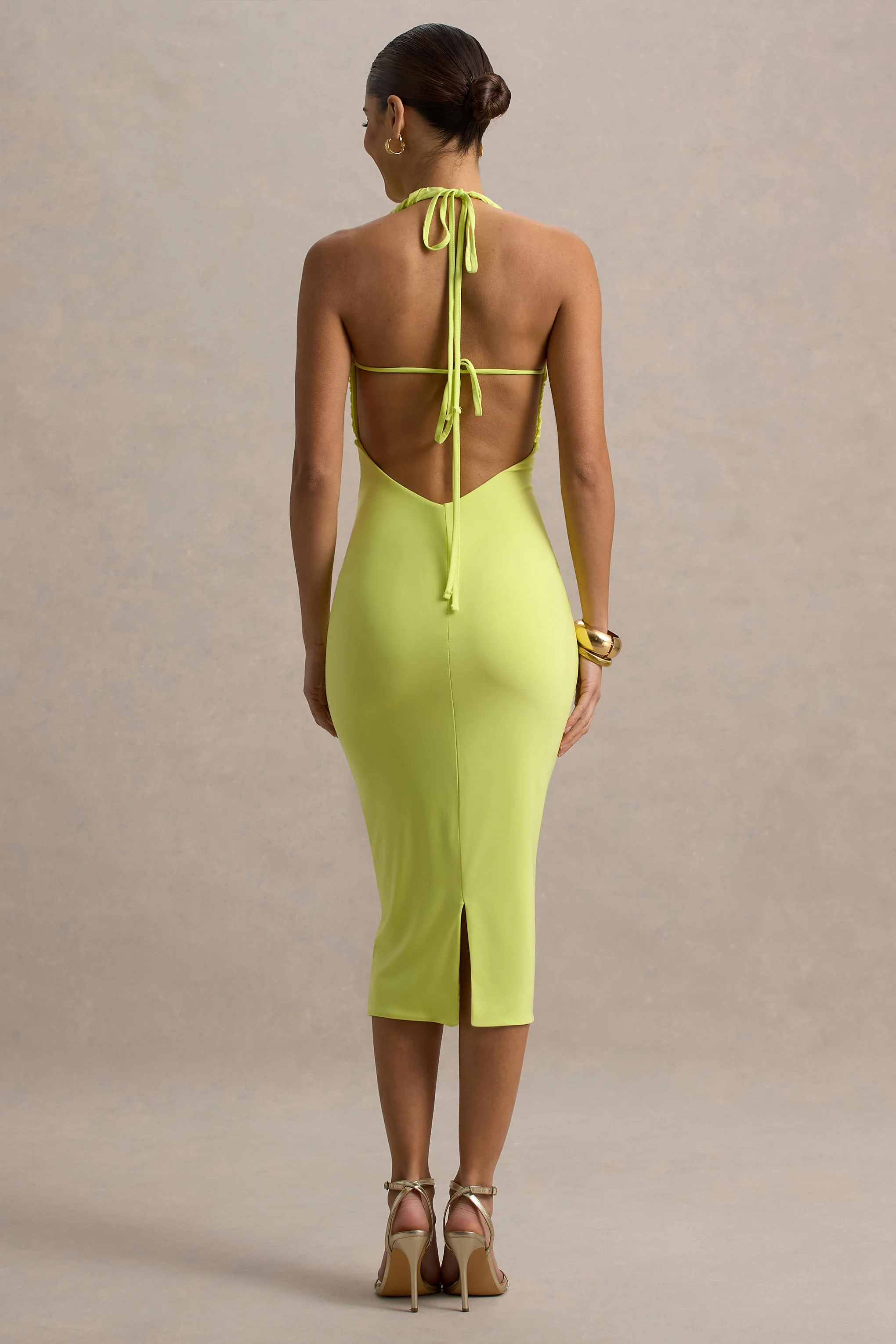 Anaisa | Lime Green Plunge Halter-Neck Midi Dress - Image 2