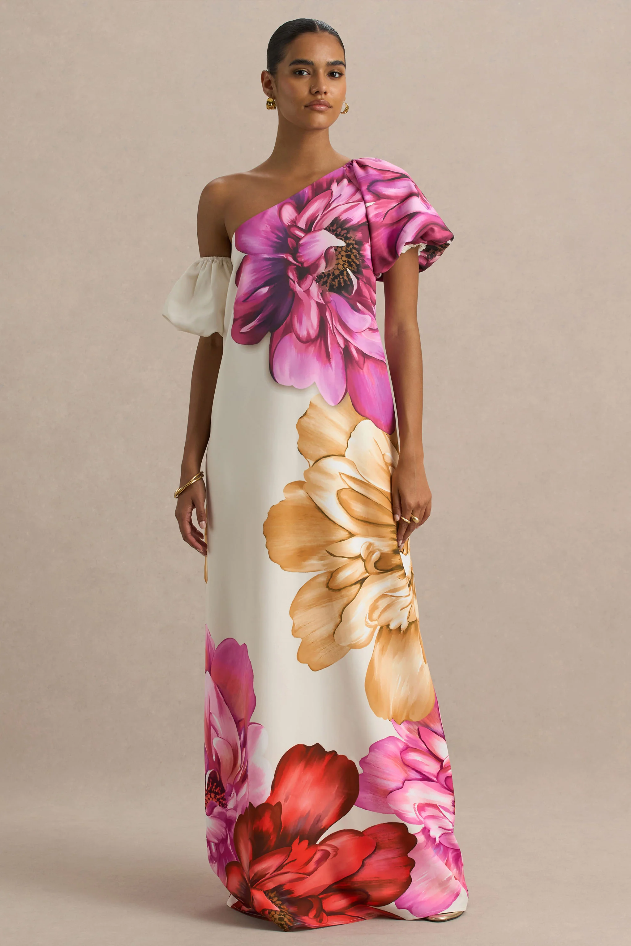 Anastasia | Large Multi-Floral Print Asymmetric-Neck Maxi Dress - Image 2