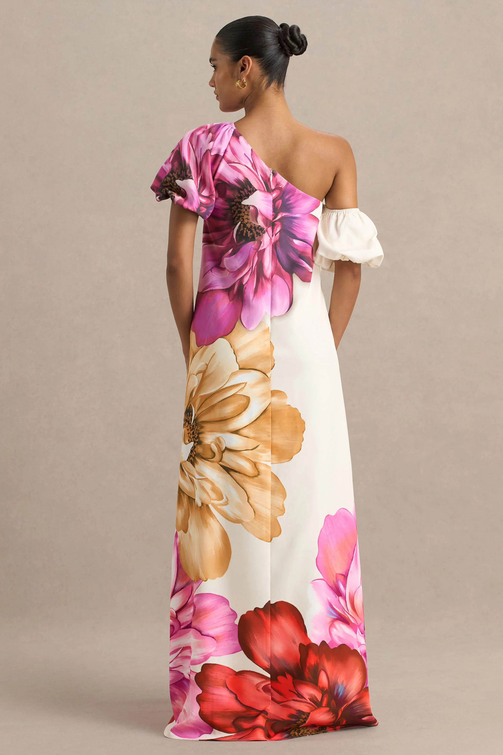 Anastasia | Large Multi-Floral Print Asymmetric-Neck Maxi Dress - Image 3