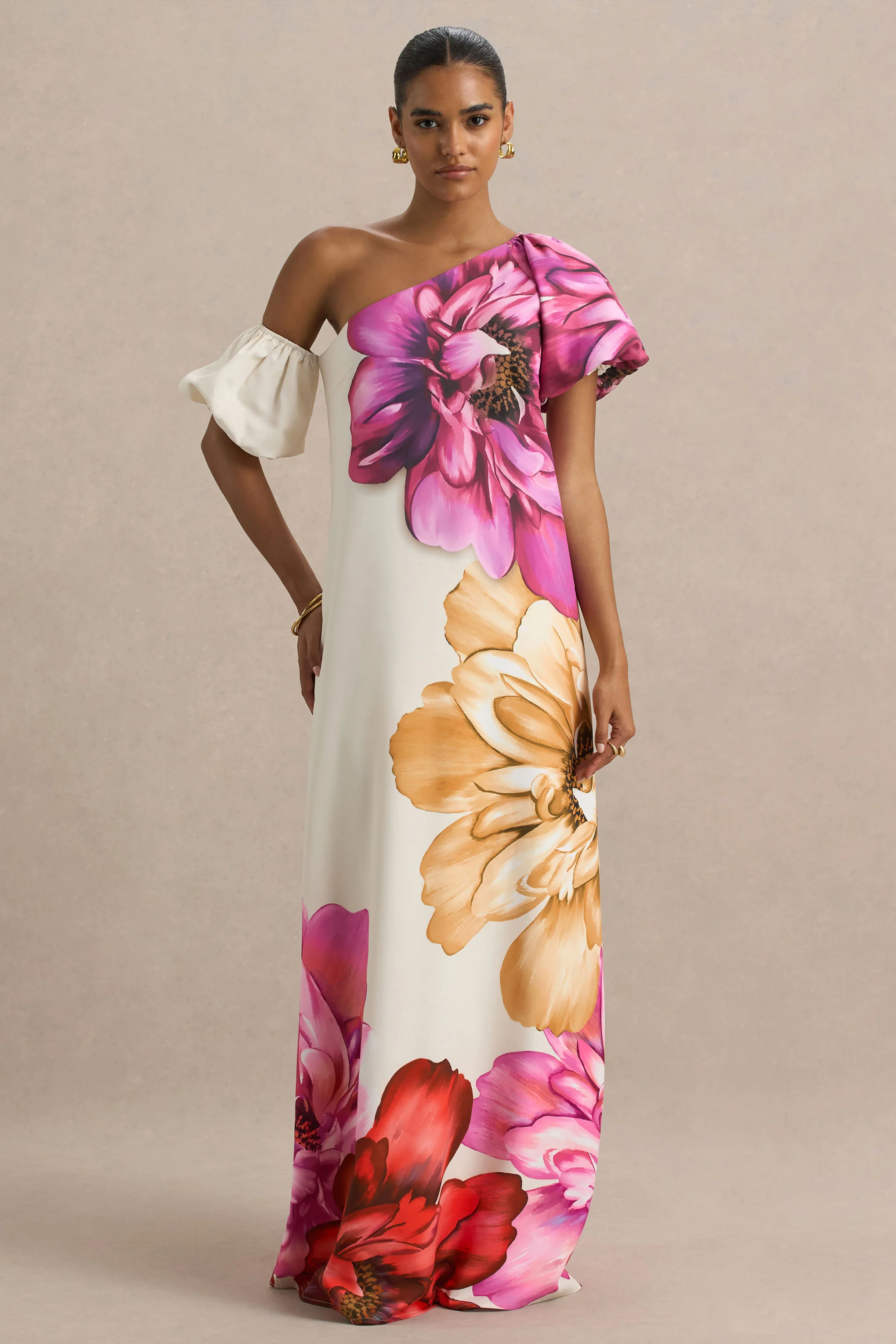 Anastasia | Large Multi-Floral Print Asymmetric-Neck Maxi Dress - Image 4
