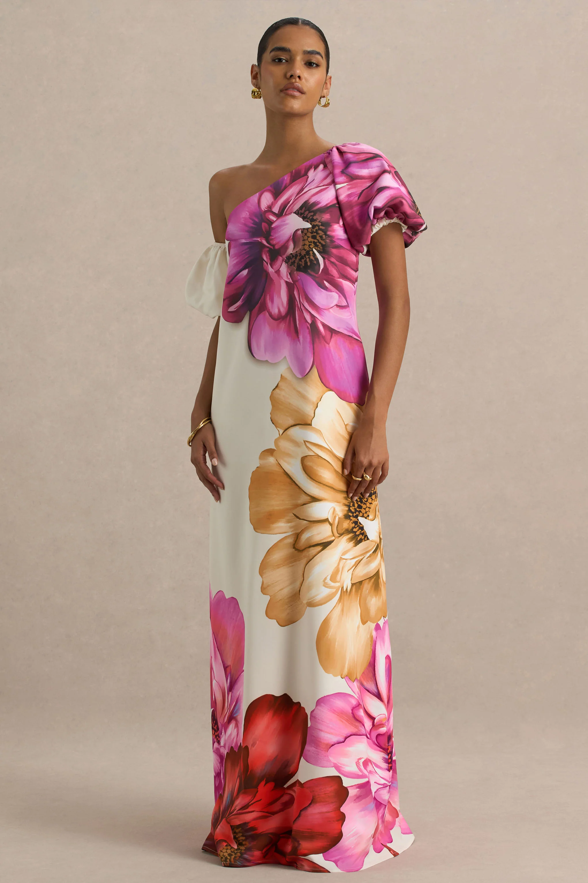 Anastasia | Large Multi-Floral Print Asymmetric-Neck Maxi Dress - Image 5