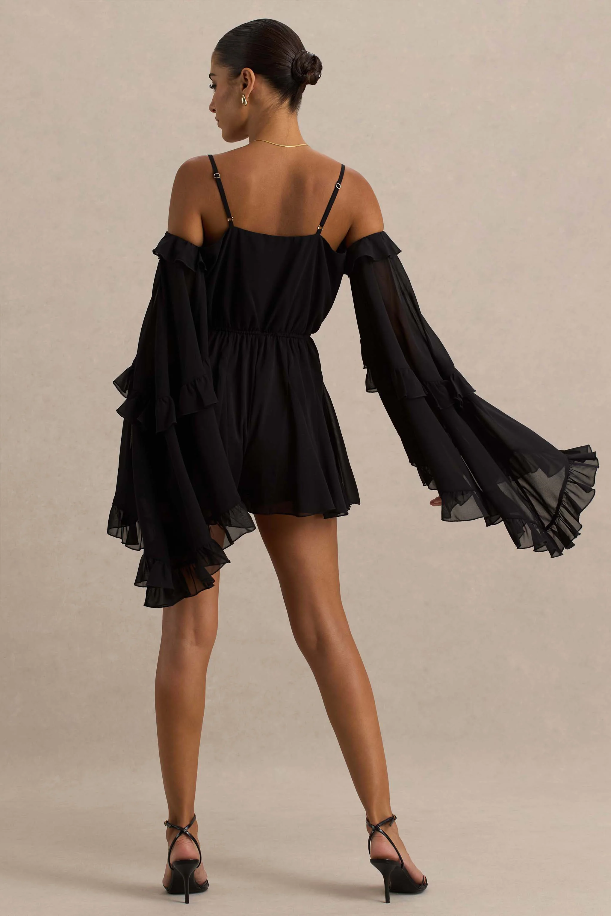 Anaya | Black Chiffon Playsuit With Long Sleeves - Image 2