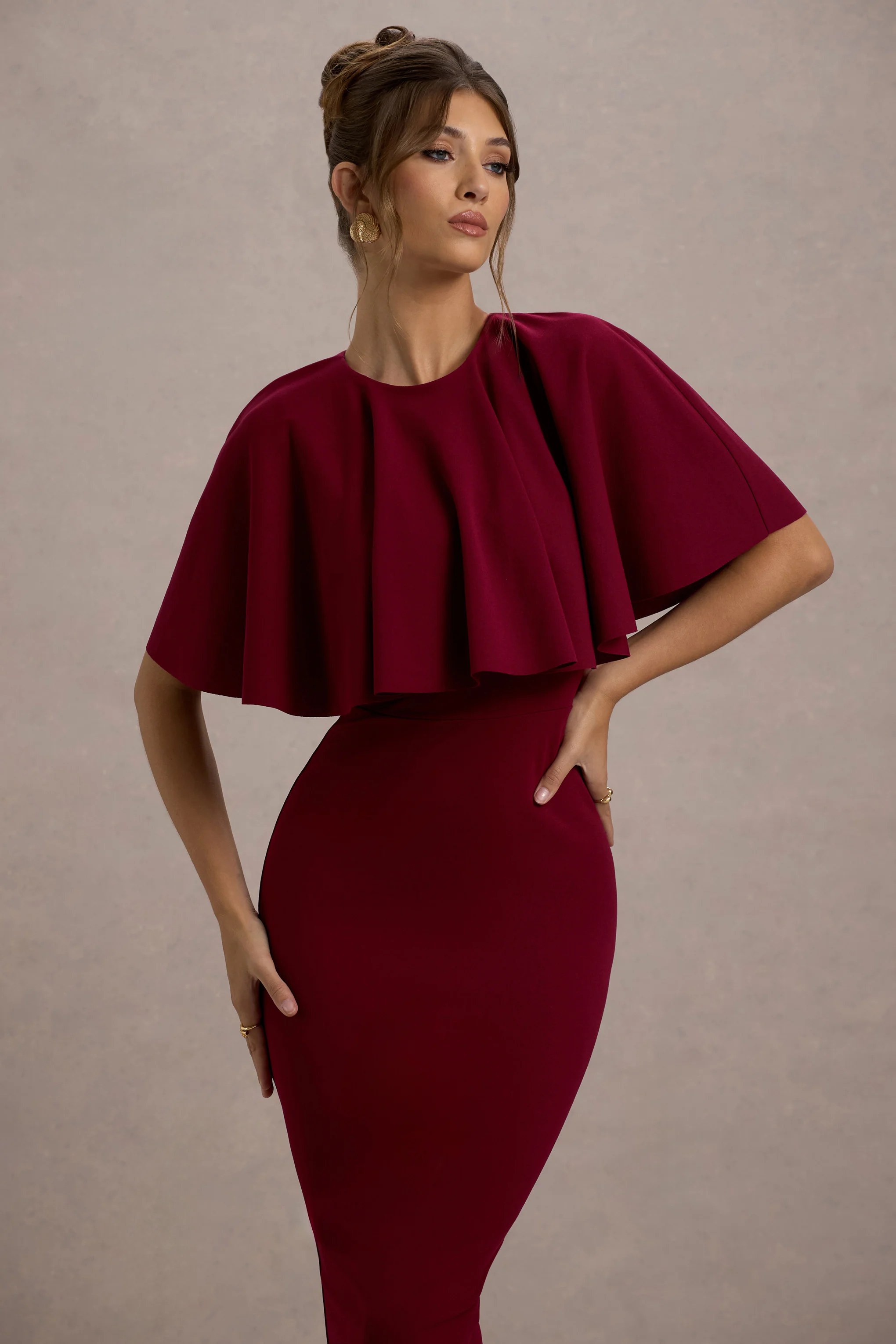 Andorra | Berry Bodycon Cape Midi Dress - Image 4