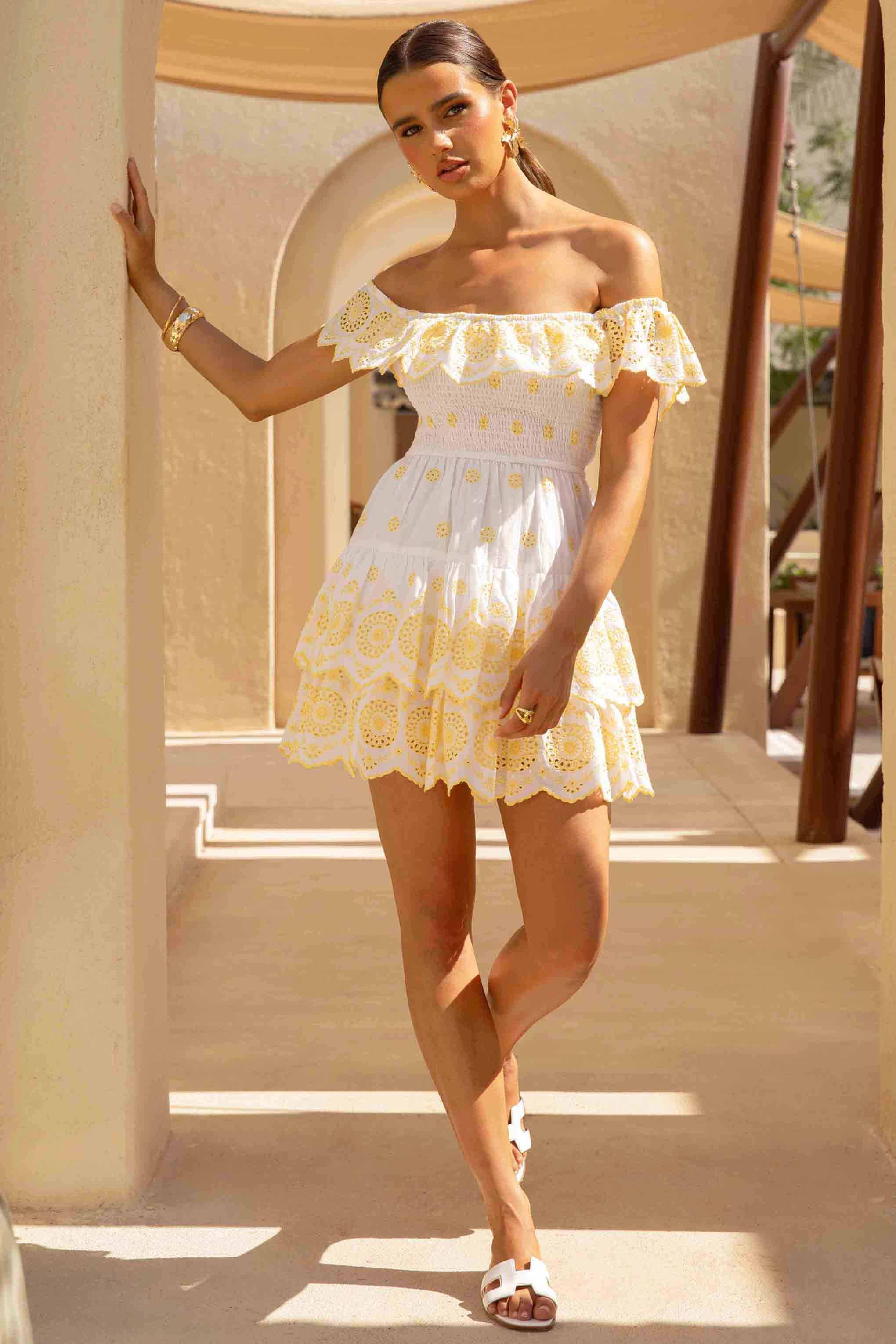 Andrea | Lemon and White Broderie Ruffled Bardot Mini Dress - Image 3