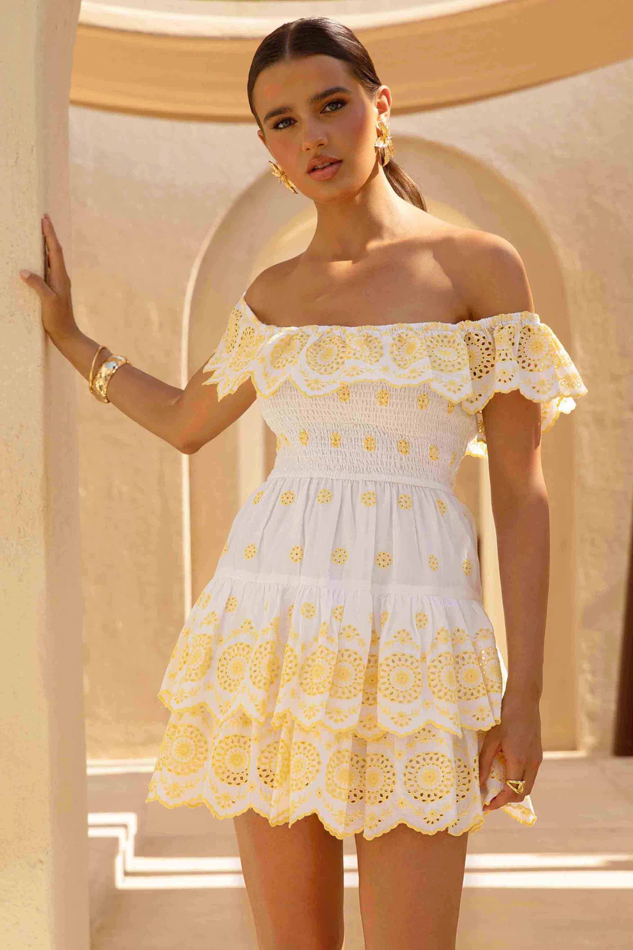 Andrea | Lemon and White Broderie Ruffled Bardot Mini Dress - Image 5