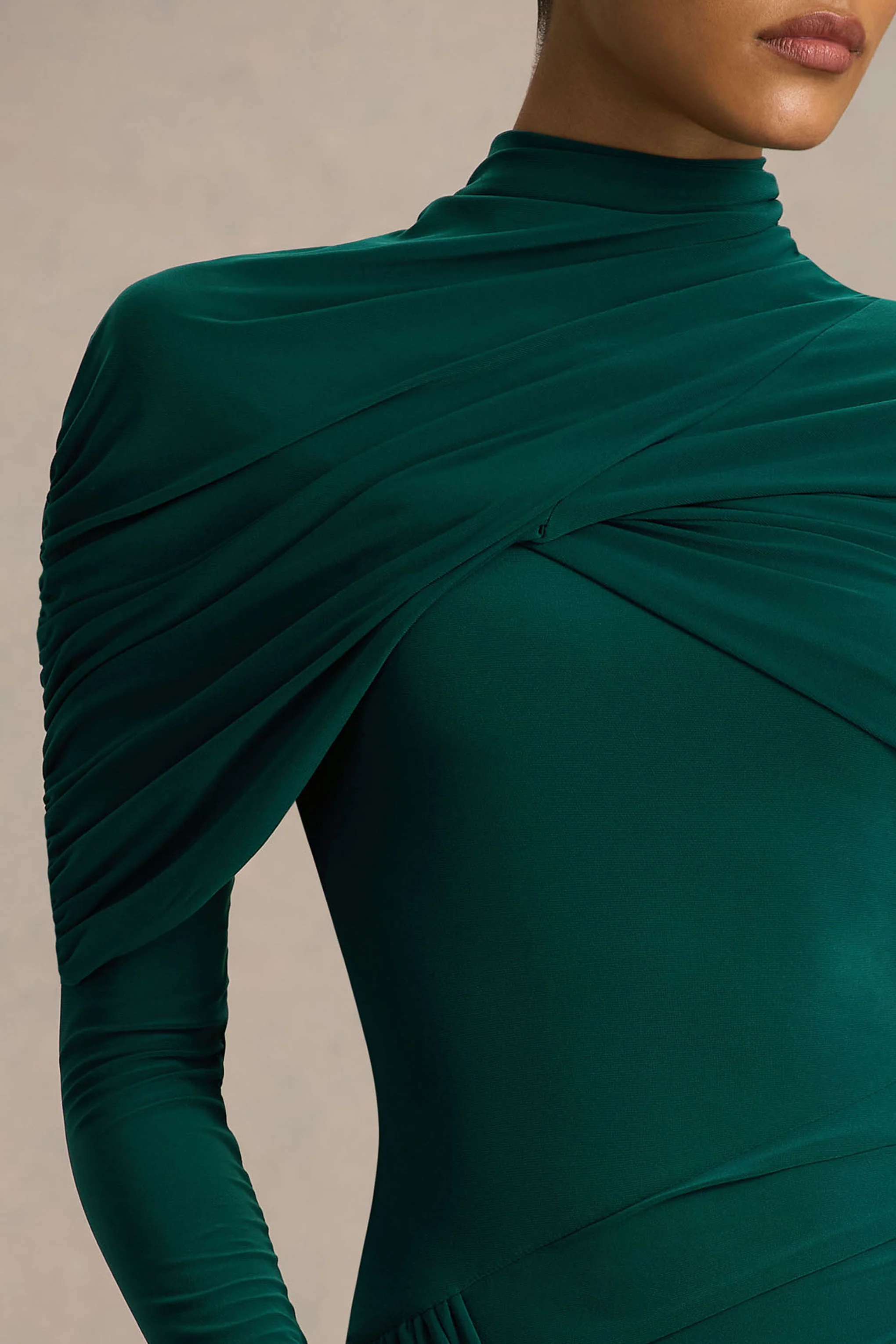 Aneira | Bottle Green High-Neck Maxi Dress With Cape Sleeves - Image 3