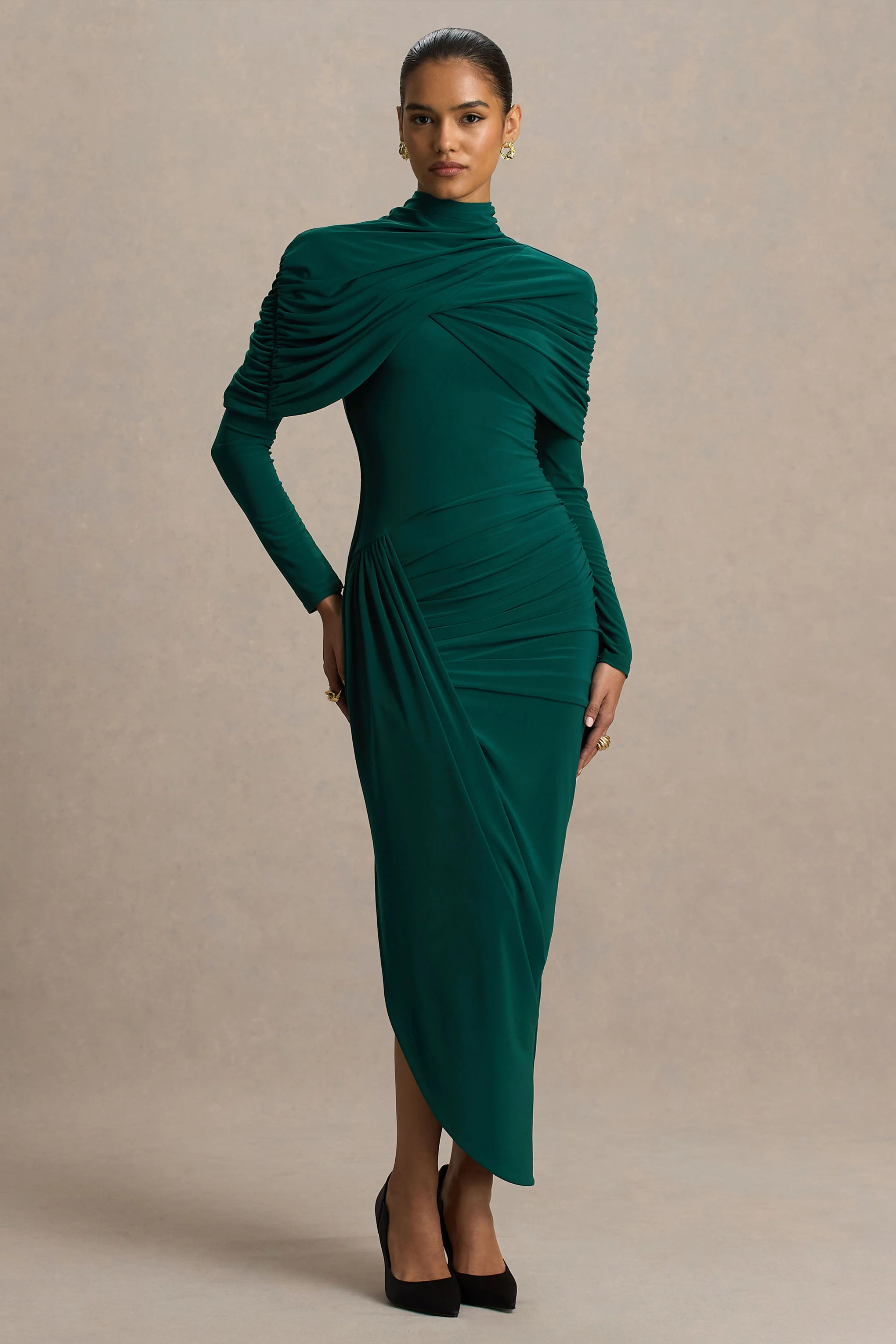 Aneira | Bottle Green High-Neck Maxi Dress With Cape Sleeves - Image 4