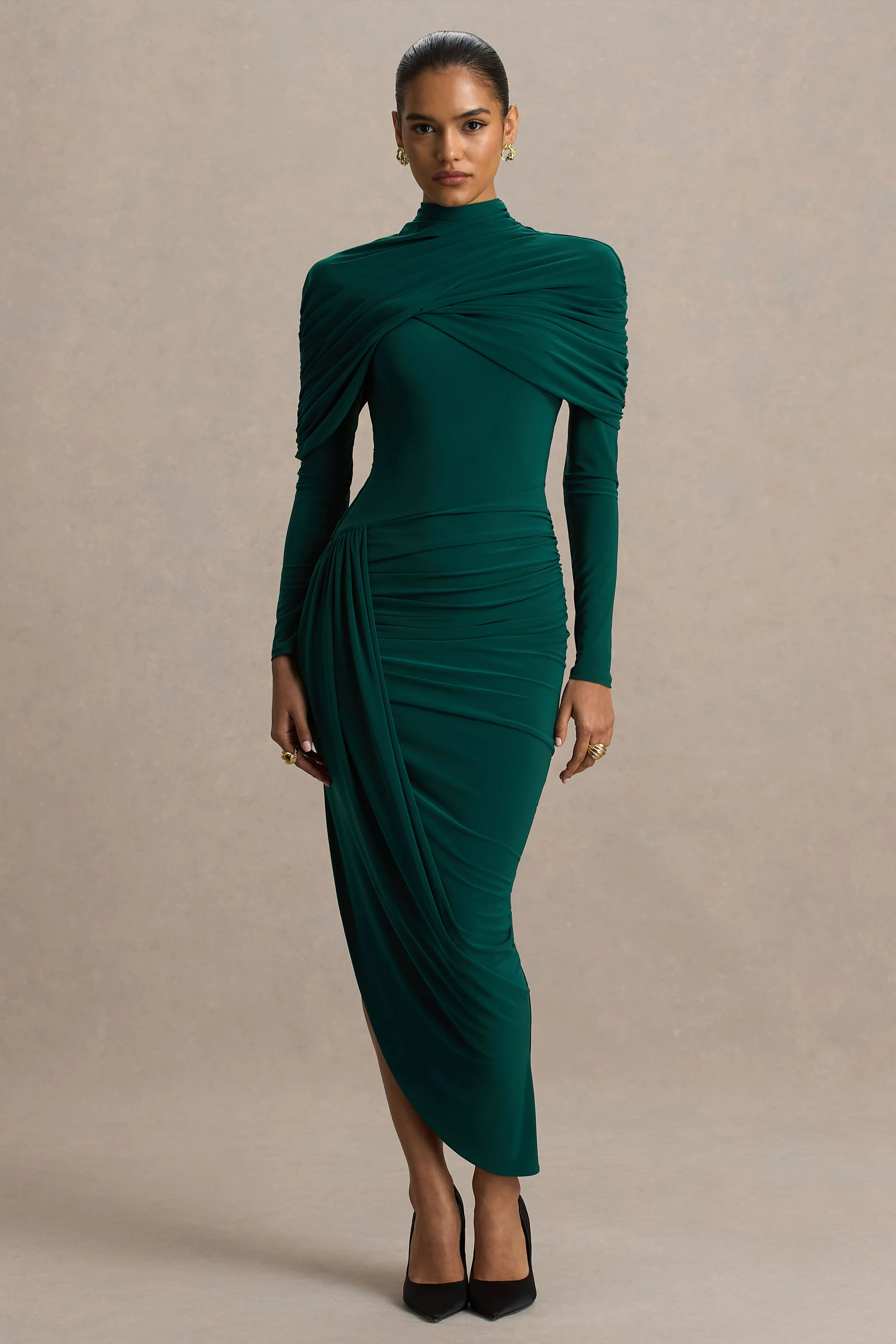 Aneira | Bottle Green High-Neck Maxi Dress With Cape Sleeves - Image 5