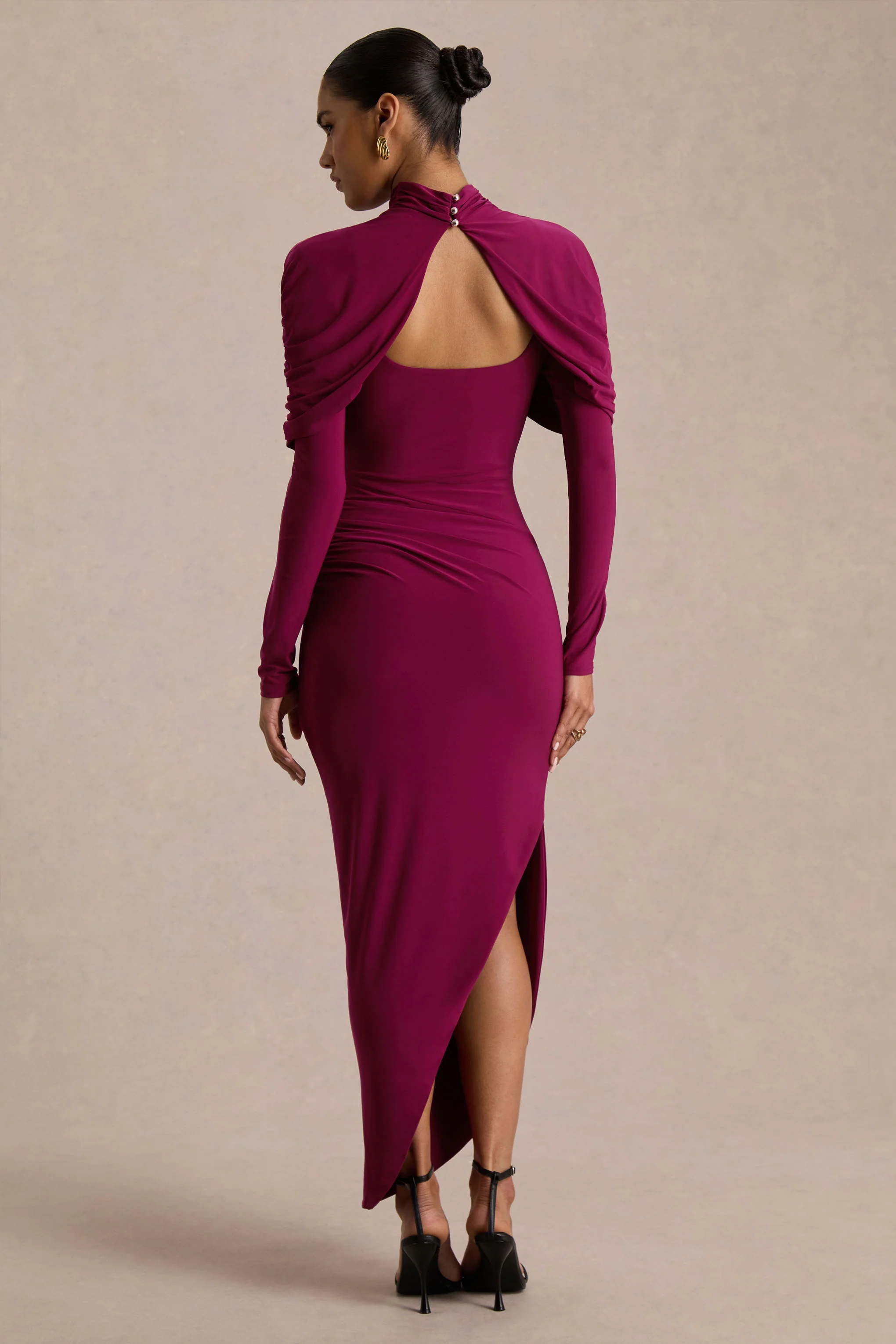 Aneira | Burgundy High-Neck Maxi Dress With Cape Sleeves - Image 2