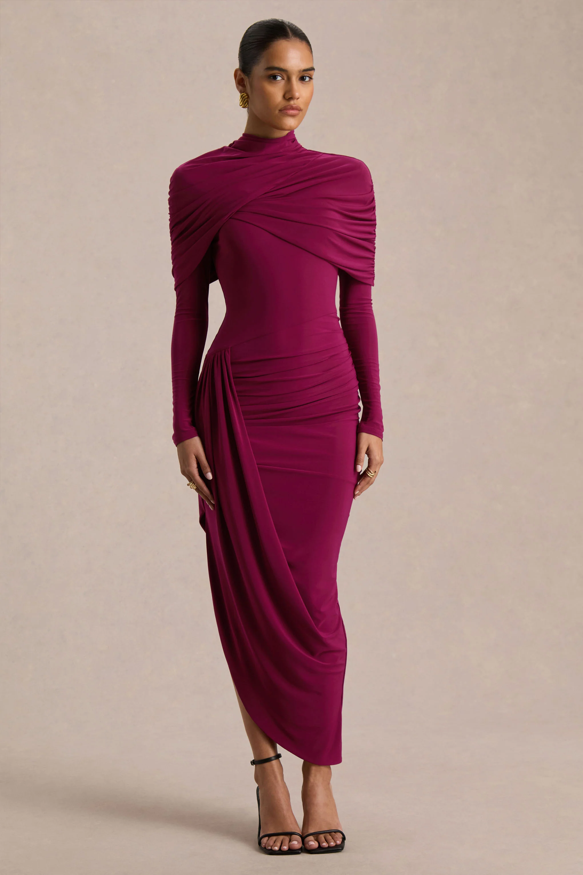 Aneira | Burgundy High-Neck Maxi Dress With Cape Sleeves - Image 4